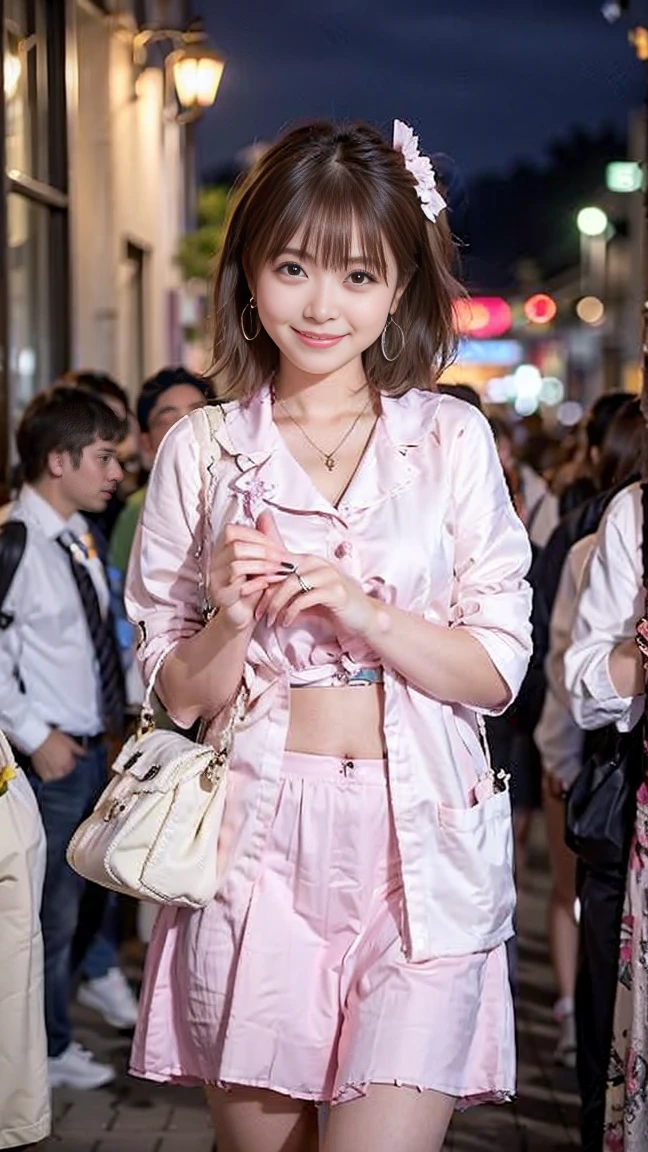 （Highest image quality、highest quality、highest resolution、masterpiece、detailed、real photos）、blonde、looking at the camera、beautiful and cute smile、((full body shot))、((Low - Angle))、earrings、necklace、ring、Piercing in the navel、(Quite small)、(Quite lean body)、Kyary Pamyu Pamyu costume、that girl&#39;s face、((pink bag with stuffed animal:1.2))、((The location is downtown at night、in the crowd:1.3))