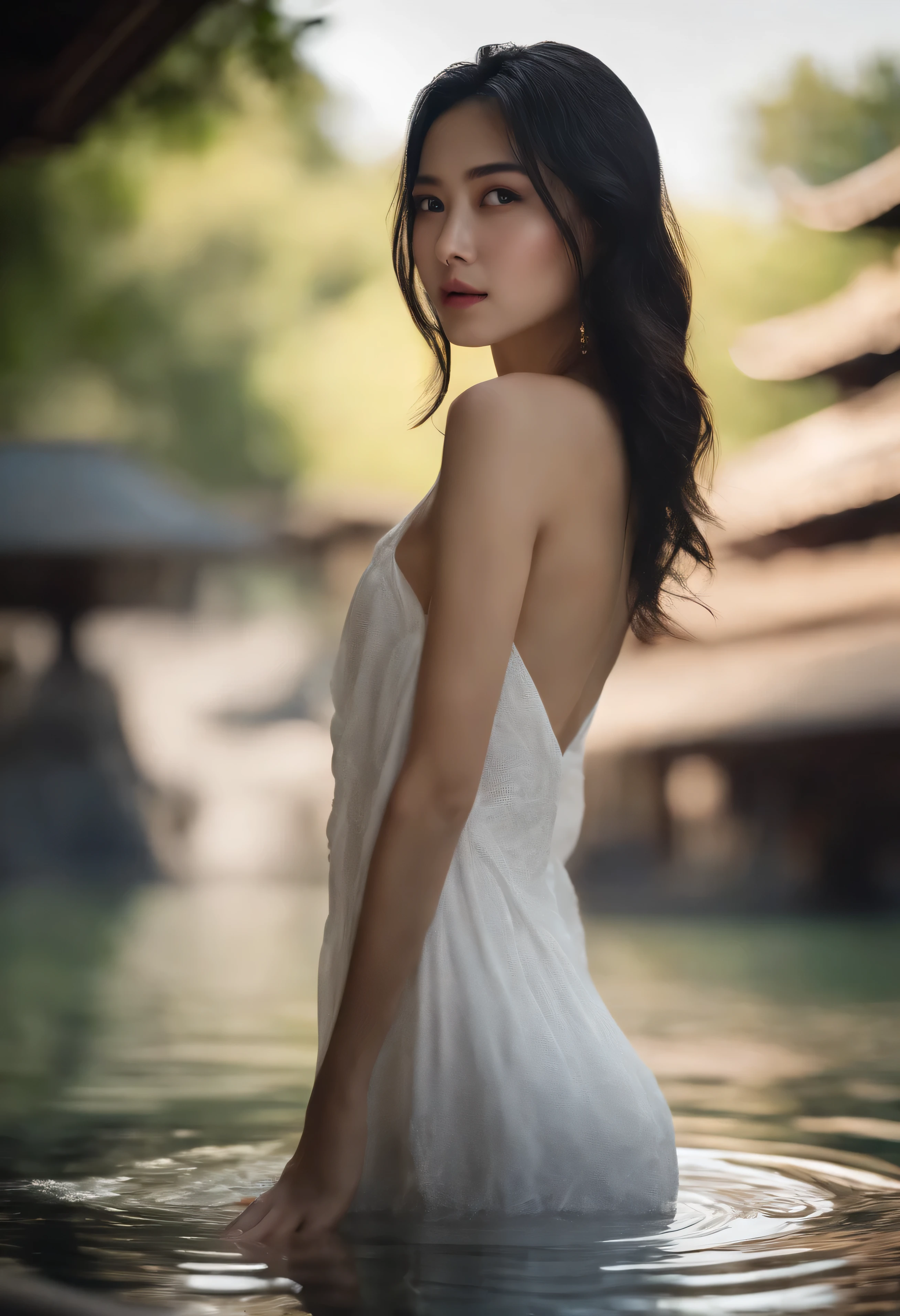 ((top quality, 8k, masterpiece: 1.3)), woman (naked in hot springs), sweating, water droplets on forehead of face, outdoors, background urban cityscape, overhead camera, sharp focus: 1.2, cute woman: 1.4, (((layered haircut)), (white shirt), very detailed face and skin and hair texture, knotted black hair, wet texture hair, wet body, detailed eyes, Double eyelids, white skin, beautiful legs, beautiful delicate nose, cute young Japan woman, 28 years old, with dynamic angles, it is pleasing to the eye and suggestive composition, while emphasizing the subject's hair, eyes, mouth and action, while exuding melancholy emotions characterized by a contrasting mix of calm tones and light and shadow.