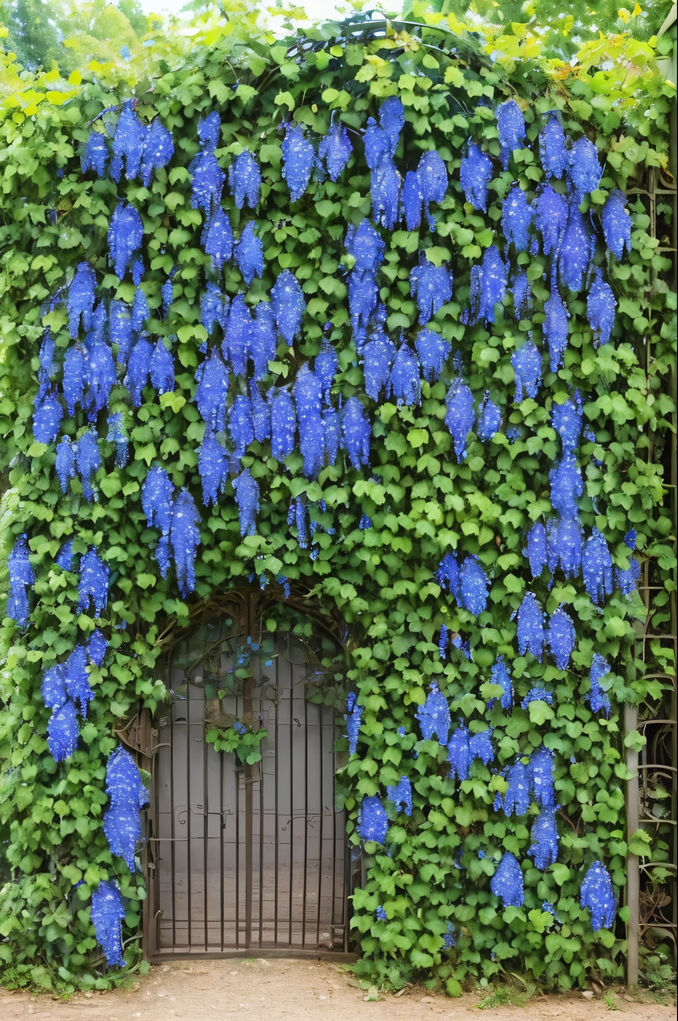 arafed gate with blue flowers and vines growing on it, a photo by Dorothy Elizabeth Bradford, flickr, art nouveau, flowering vines, vine covered, flowers and vines, connected to nature via vines, white picket fence, incredibly beautiful, vines and flowers, beautiful! coherent!, covered in vines, overgrown with lush vines, cottagecore!!