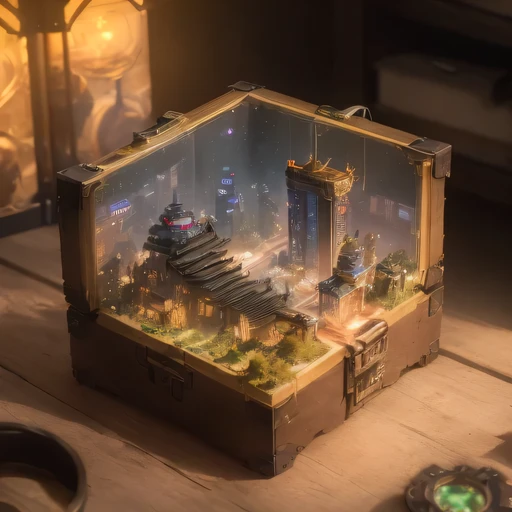small realistic model, (bifurcation, original photo, best quality, masterpiece:1.4),Steampunk Cyberpunk 1820 City,(Cyberpunk light:1.3), Mards,horizon (related to land),(in a small nature box:1.3),Isometric, small nature, landscape on foundation,landscape,