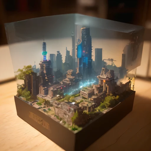 small realistic model, (bifurcation, original photo, best quality, masterpiece:1.4),Steampunk Cyberpunk 1820 City,(Cyberpunk light:1.3), Mards,horizon (related to land),(in a small nature box:1.3),Isometric, small nature, landscape on foundation,landscape,
