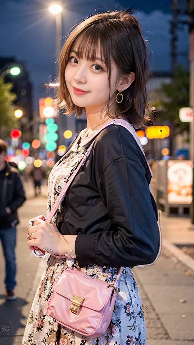 （Highest image quality、highest quality、highest resolution、masterpiece、detailed、real photos）、blonde、looking at the camera、beautiful and cute smile、((full body shot))、((Low - Angle))、earrings、necklace、ring、Piercing in the navel、(Quite small)、(Quite lean body)、Kyary Pamyu Pamyu costume、that girl&#39;s face、((pink bag with stuffed animal:1.2))、((The location is downtown at night、in the crowd:1.3))