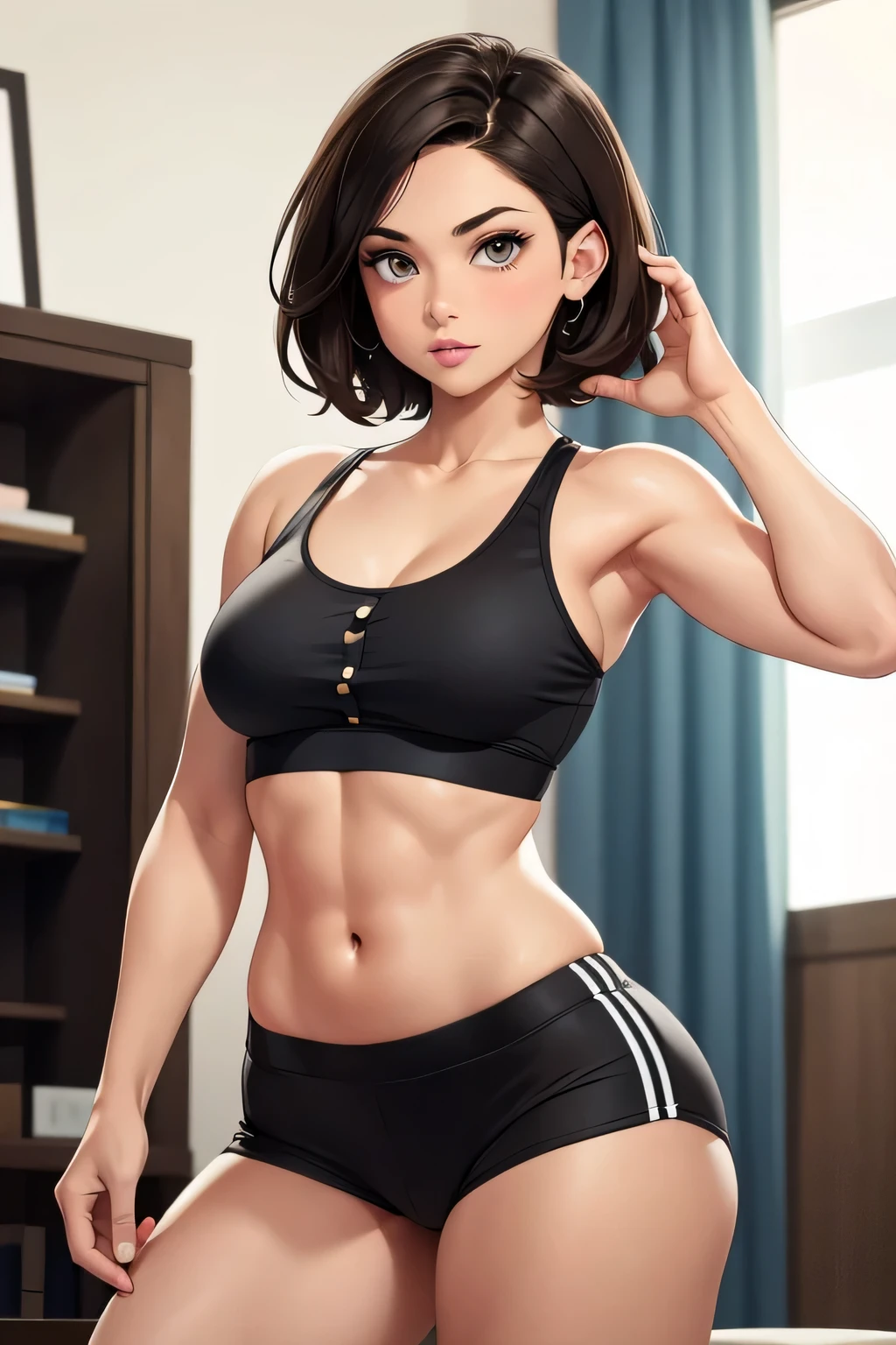 A beautiful and athletic brunette with short hair, light skin, and hazel eyes. She is wearing a black sports bra and yoga shorts that show off her toned physique. She has a button nose, full lips, and (small breasts).