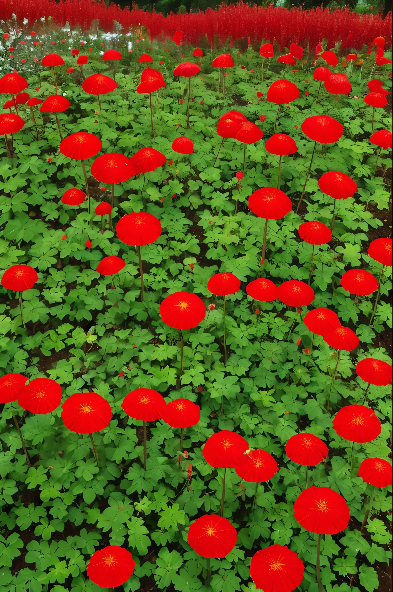 there are many red flowers in the garden with green leaves, vibrant but dreary red, red flowers, red blooming flowers, dominating red color, very red colors, red flowers of different types, red flower, glowing red, very vibrant, crimson rain sought flower, ❤🔥🍄🌪, vibrant red, red on black, very high bloom ammount, pale red