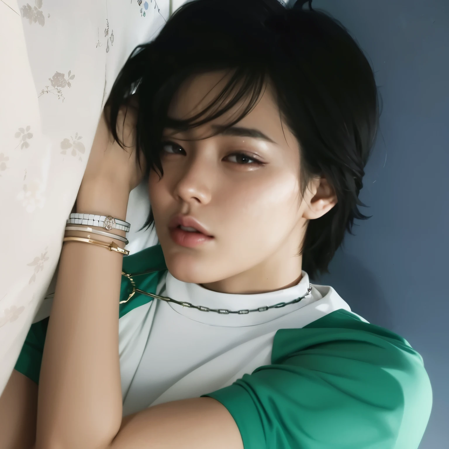 Araffe Asian woman with green shirt and bracelet leaning against wall, Jimin, park Jimin, Jimin\the full lips, Jimin\o nariz grego, Jimin\the right eyelid is swollen, Jung Jaehyun, handsome androgynous prince, accurate Jimin face, delicate androgynous prince, com cabelo curto, taejune kim