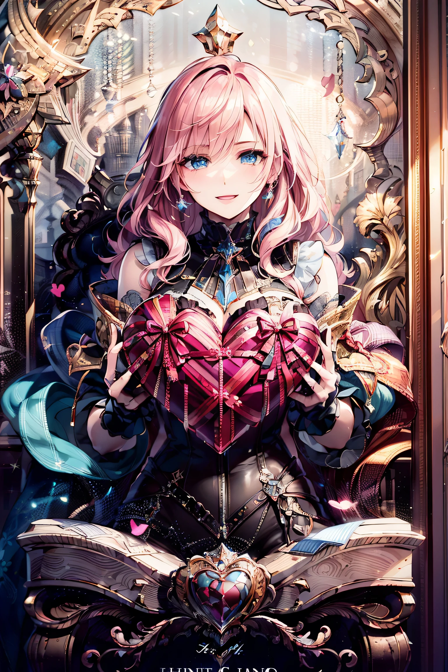 lightning portrait , Final Fantasy,Pink Blonde,medium hair,light perm hair,curly hair on one side,disappoint one&#39;bangs,beautiful blue eyes,beautiful and high nose,With a fearless look,smile,super high quality,super high quality,masterpiece, Trimmed hands,Trimmed fingers,floral frame, decorative panel, abstract artistic, By Alphonse Mucha
(masterpiece, highest quality, High resolution:1.4), become familiar with, intricate details, 4K, splash of color, line drawing,   fibonacci,fantasy candy land,Valentine&#39;s Day,ハート型のValentineチョコレートを贈ろう,Fantastic night,Fantastic night,