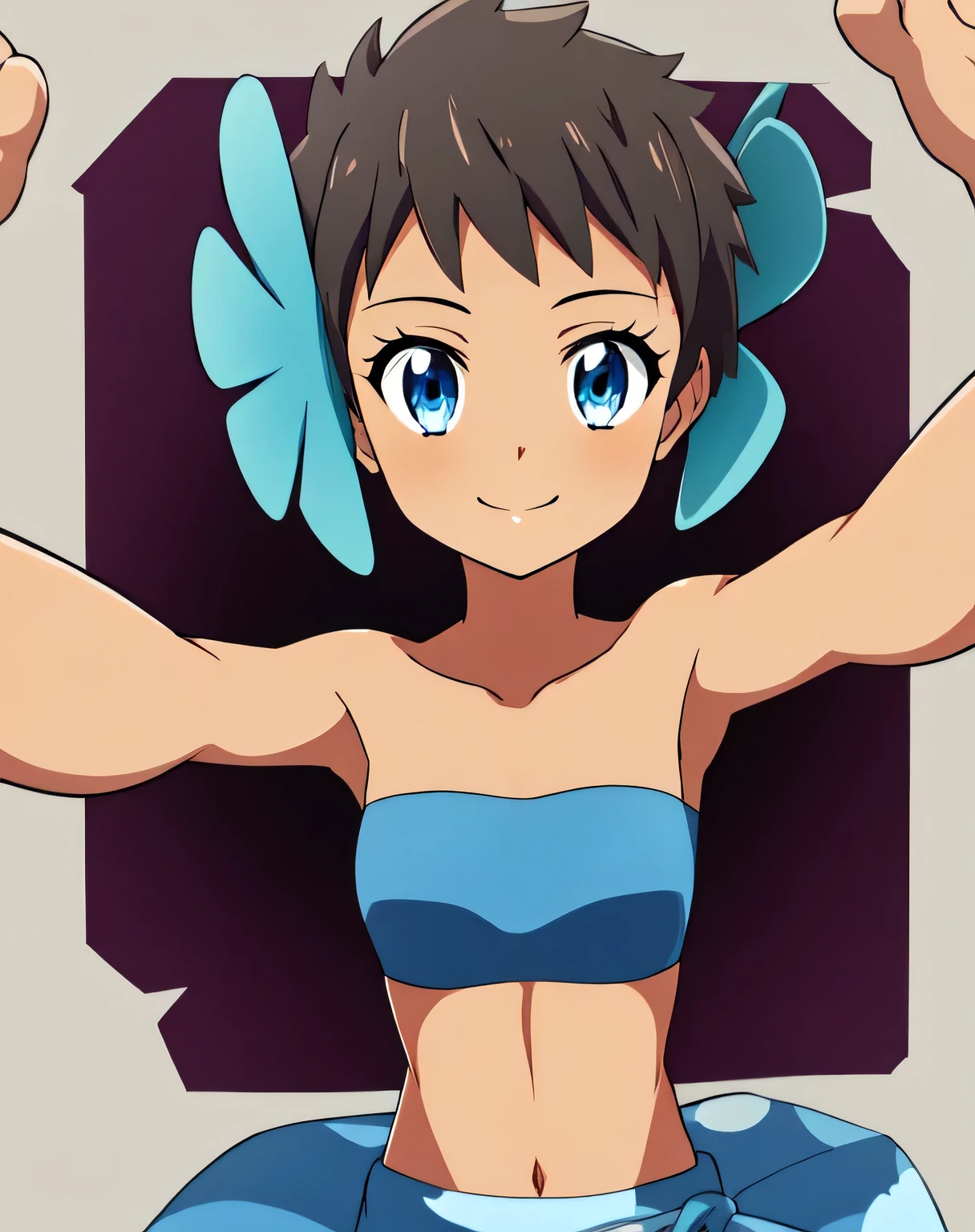 PHOEBE (POKEMON), hair flower, bandeau, dark skin, short hair, blue eyes, sarong, 1girl, solo, upper body, facing viewer, (looking at viewer:1.5), in the center, smile,
