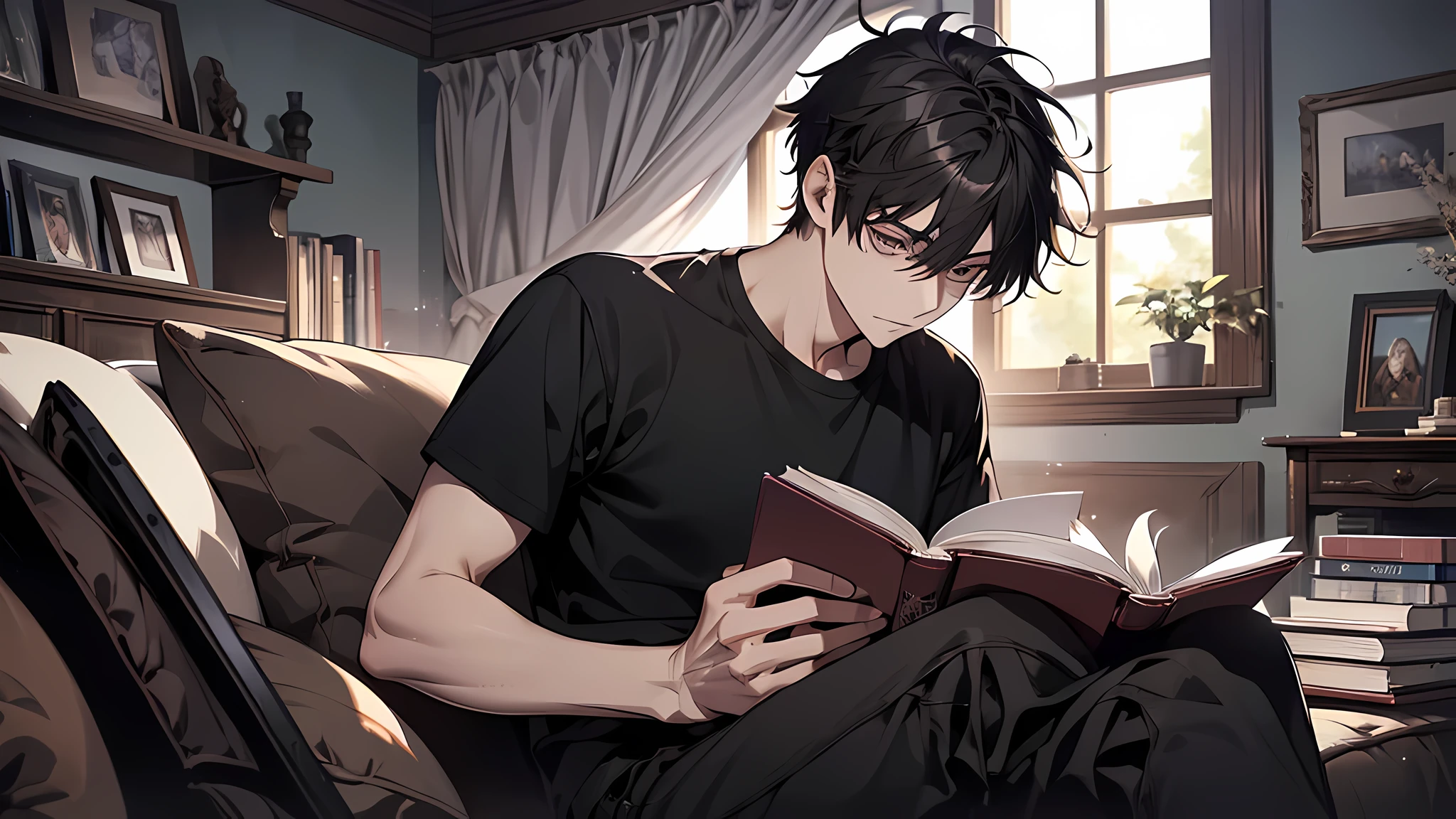 Absurd resolution, High resolution, (masutepiece: 1.4), Hyper-detailing, Messy short black hair of a young man, Black casual clothes, Spooky room, reading a book, a 21 years old handsome guy,White T-shirt,black long pants,A gentle face,A dark-haired