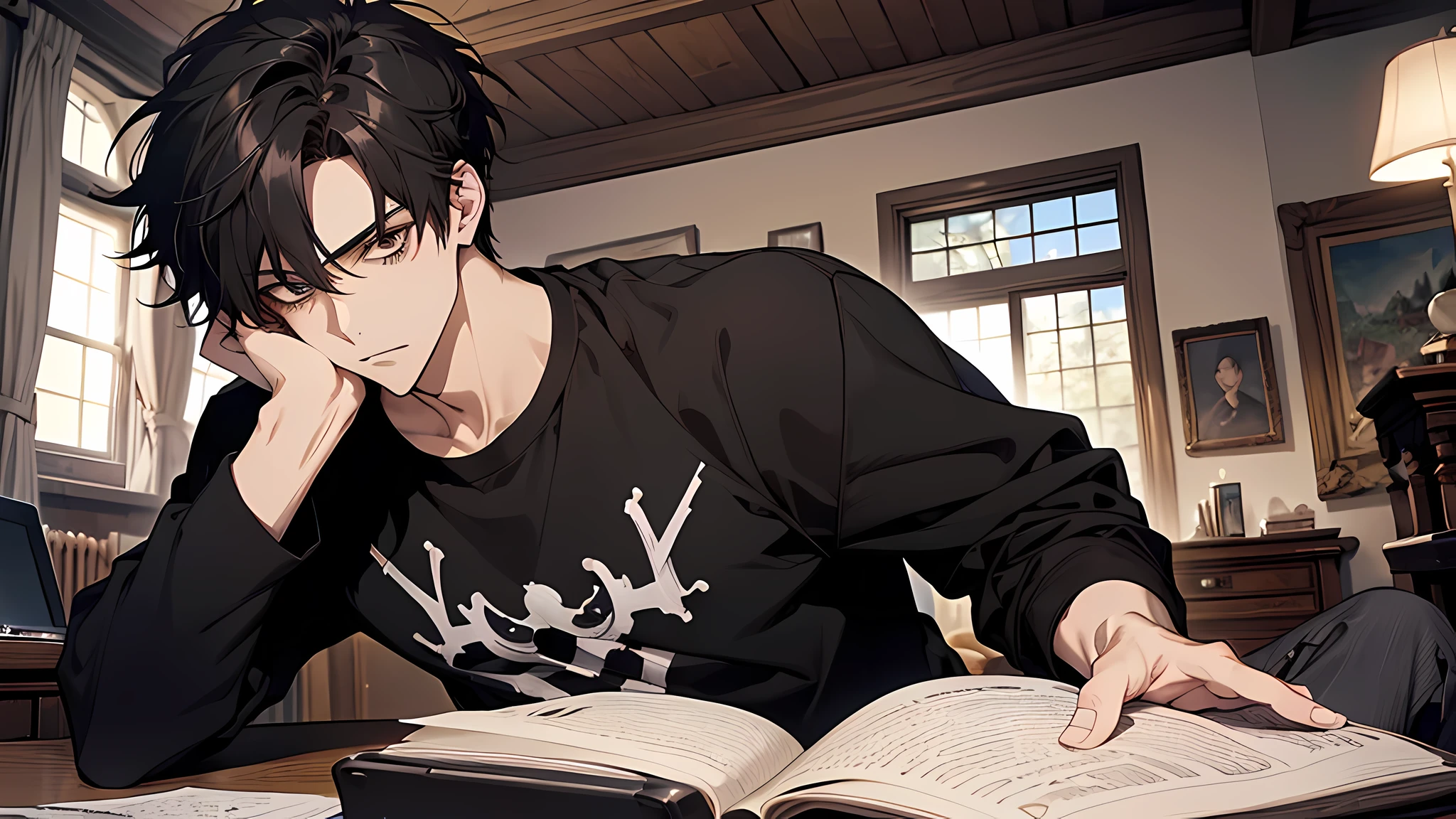 Absurd resolution, High resolution, (masutepiece: 1.4), Hyper-detailing, Messy short black hair of a young man, Black casual clothes, Spooky room, reading a book, a 21 years old handsome guy,White T-shirt,black long pants,A gentle face,A dark-haired