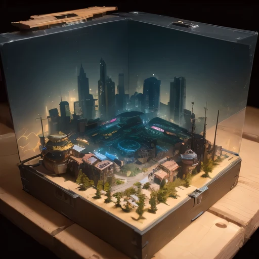 small realistic model, (bifurcation, original photo, best quality, masterpiece:1.4),Steampunk Cyberpunk 1820 City,(Cyberpunk light:1.3), Mards,horizon (related to land),(in a small nature box:1.3),Isometric, small nature, landscape on foundation,landscape,