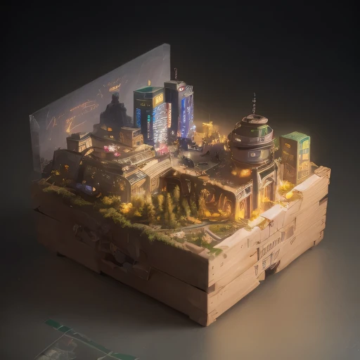 small realistic model, (bifurcation, original photo, best quality, masterpiece:1.4),Steampunk Cyberpunk 1820 City,(Cyberpunk light:1.3), Mards,horizon (related to land),(in a small nature box:1.3),Isometric, small nature, landscape on foundation,landscape,