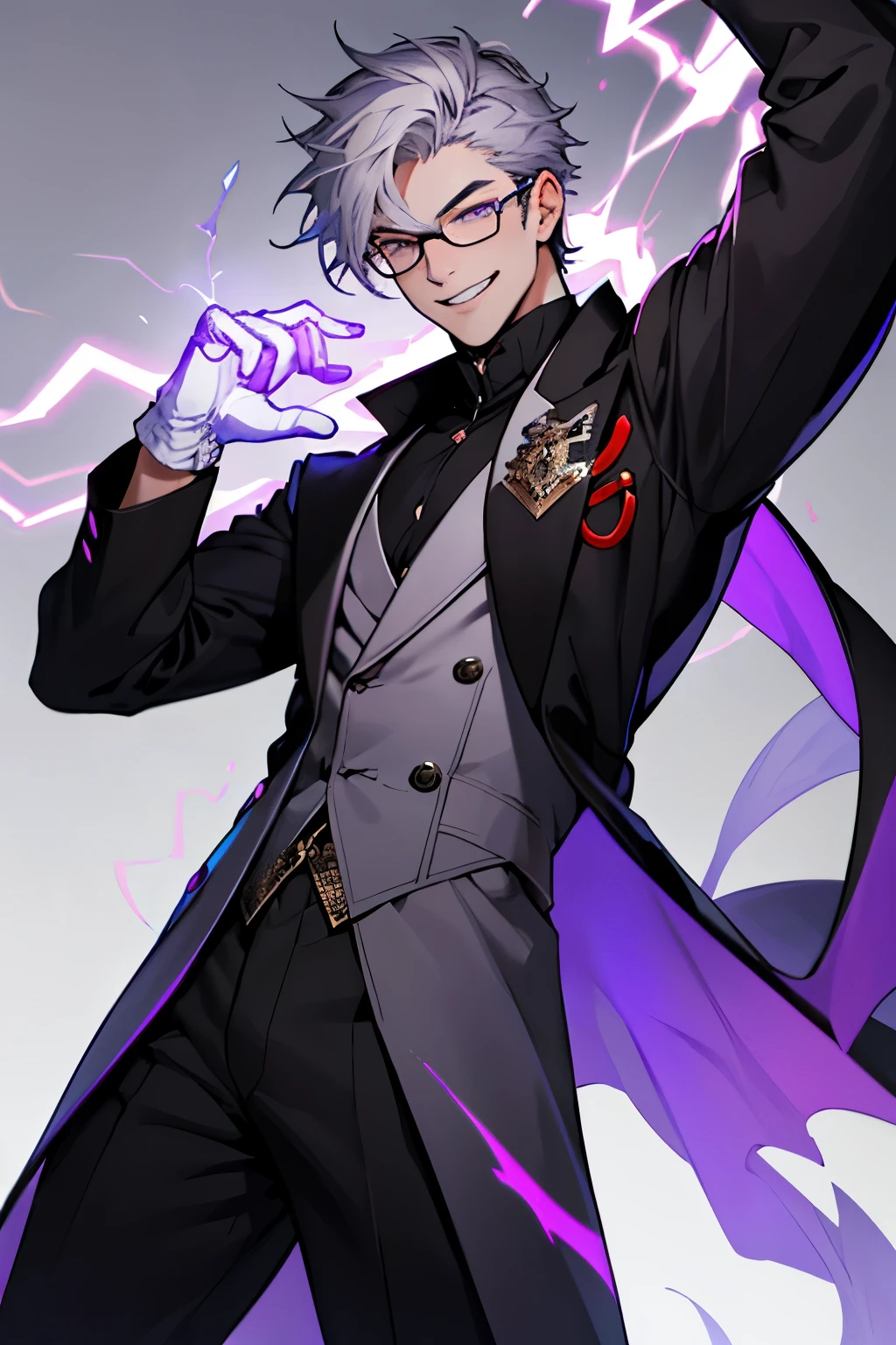 Beautiful young man with gray hair and glasses。Eyes are red。Black coat with classic design decorations、white gloves。Grinning, he holds out his right hand and manipulates purple lightning magic.。The background is a purple magic square。
