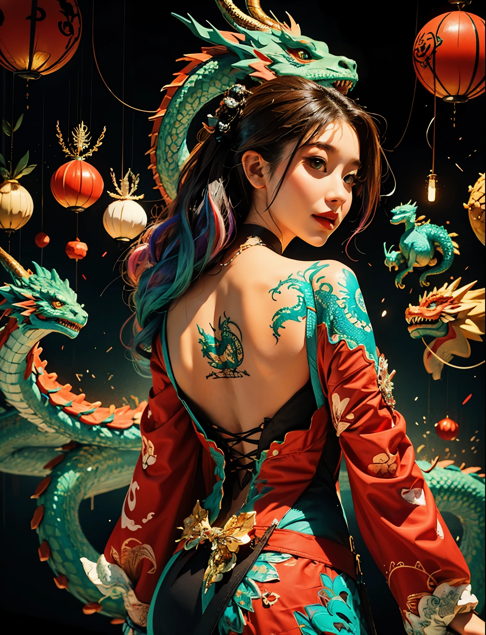 1girl,(colorful_hair:1.1), dragon tattoo on back, ,(zentangle, mandala, tangle, entangle:0.6),(fractal art),the most beautiful form of chaos,brutalist designed, brown eyes, happy, pet dragon