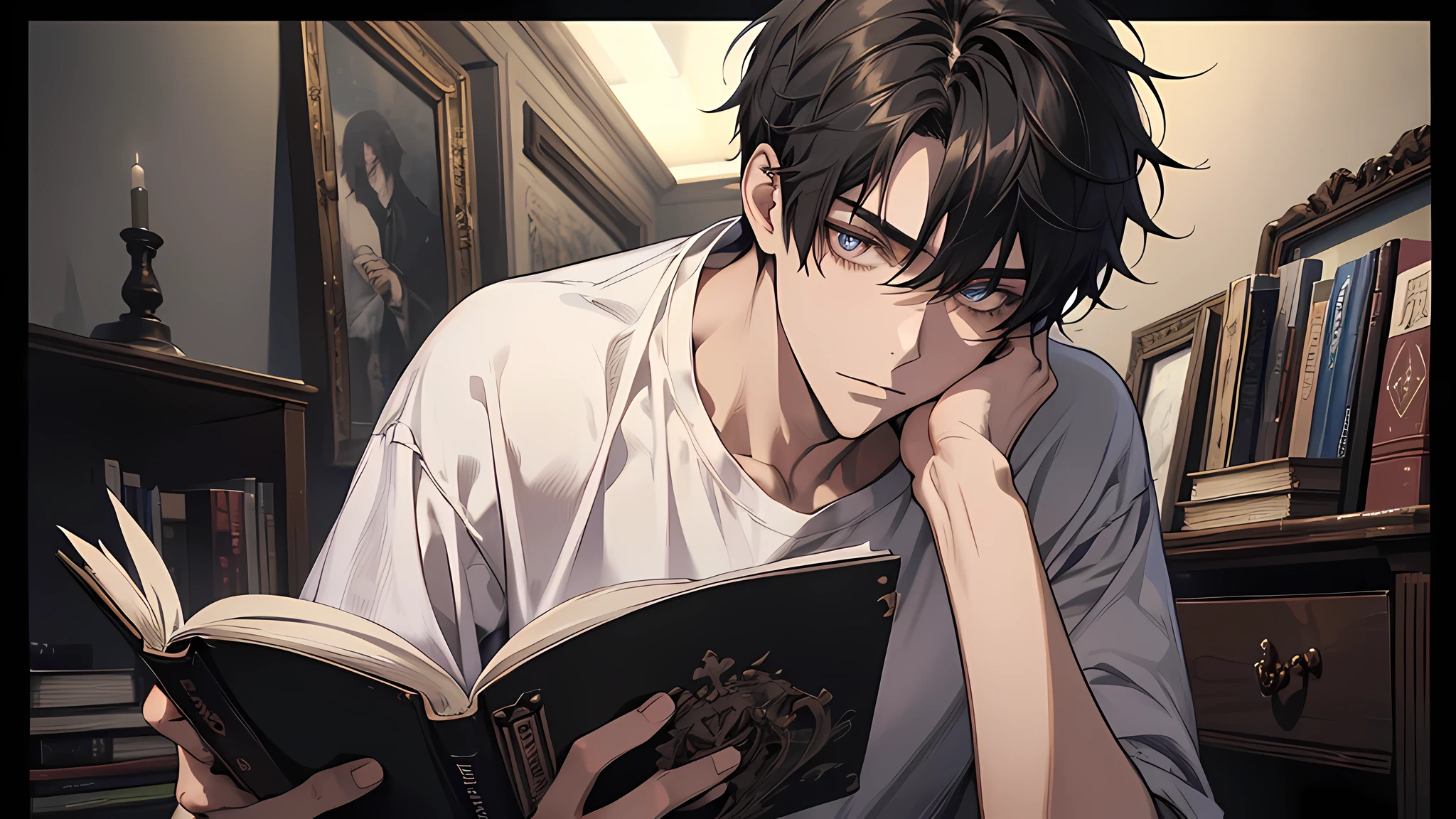 Absurd resolution, High resolution, (masutepiece: 1.4), Hyper-detailing, Messy short black hair of a young man, Black casual clothes, Spooky room, writing in a book, a 21 years old handsome guy,White T-shirt,black long pants,A gentle face,A dark-haired, detailed eyes, detailed nose, detailed face