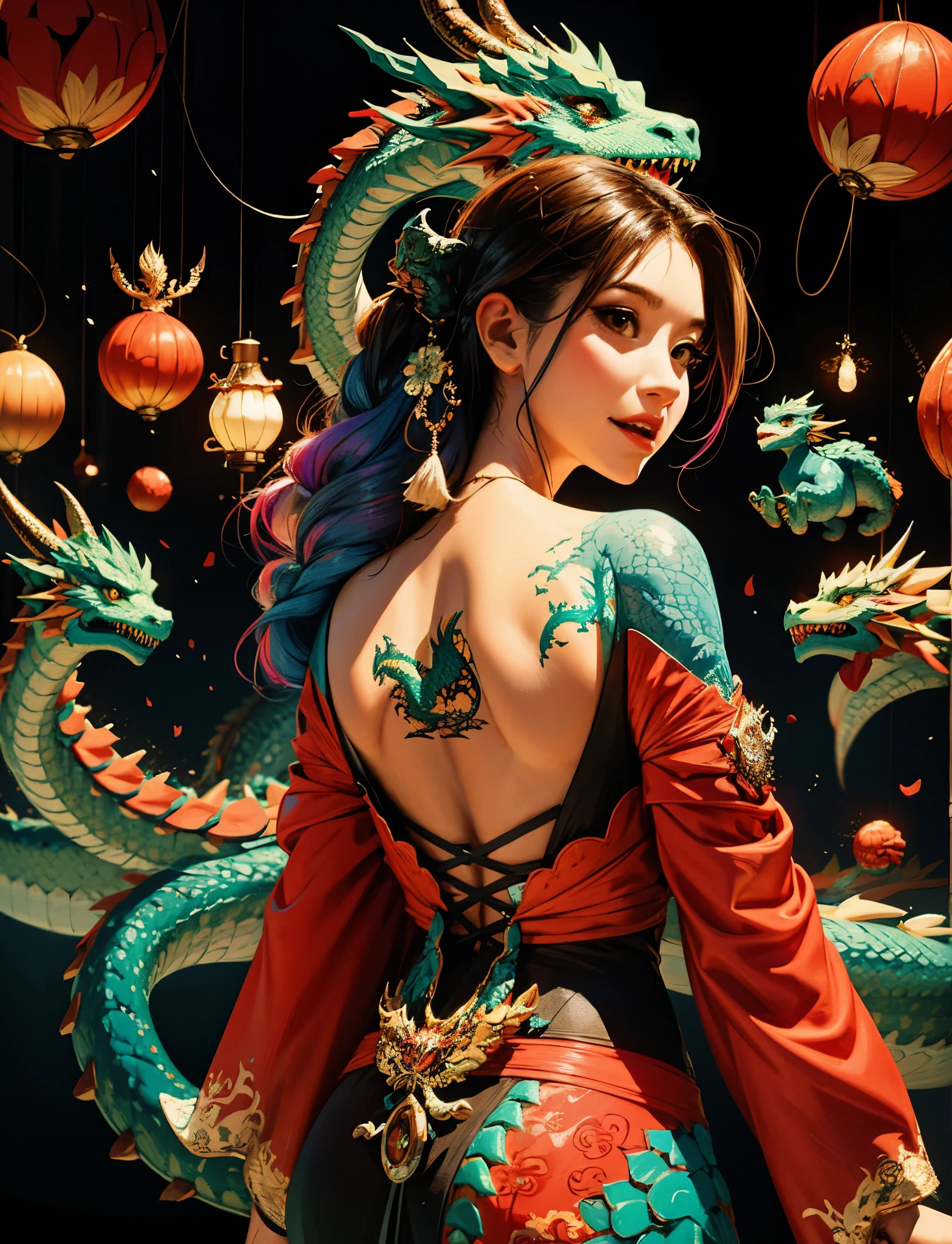 absurd, highres, ultra detailed, (ultra-detailed background, detailed background), extremely detailed, flame demon woman, adult woman, perfect adult face, 35 years old, (zentangle:1.2), (geometric:1.2), colorful, full body, sexy pose, short clothes, dragon tattoo, stars, tiny thong, almost naked, muscular, perfect body, vietnamese ornaments, demon of japanese culture