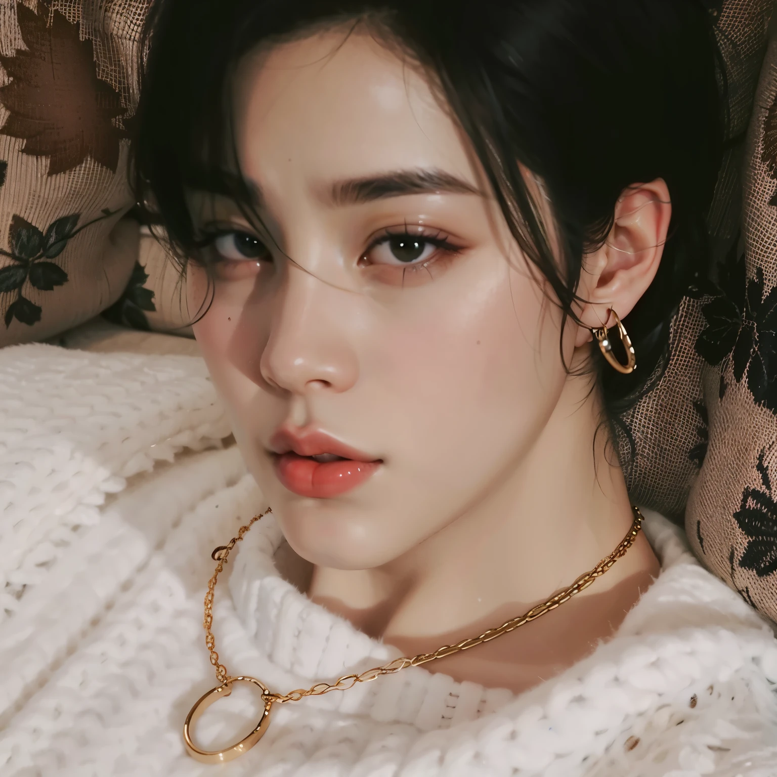 A closeup of a person lying on a sofa with a sweater, Jimin\o nariz grego, Jimin\the right eyelid is swollen, Jimin\the full lips, Jimin, park Jimin, Kim Doyoung, Jung Jaehyun, accurate Jimin face, Jinyoung Shin, hyung tae, Retrato de Jossi do Blackpink, cai xukun, taejune kim