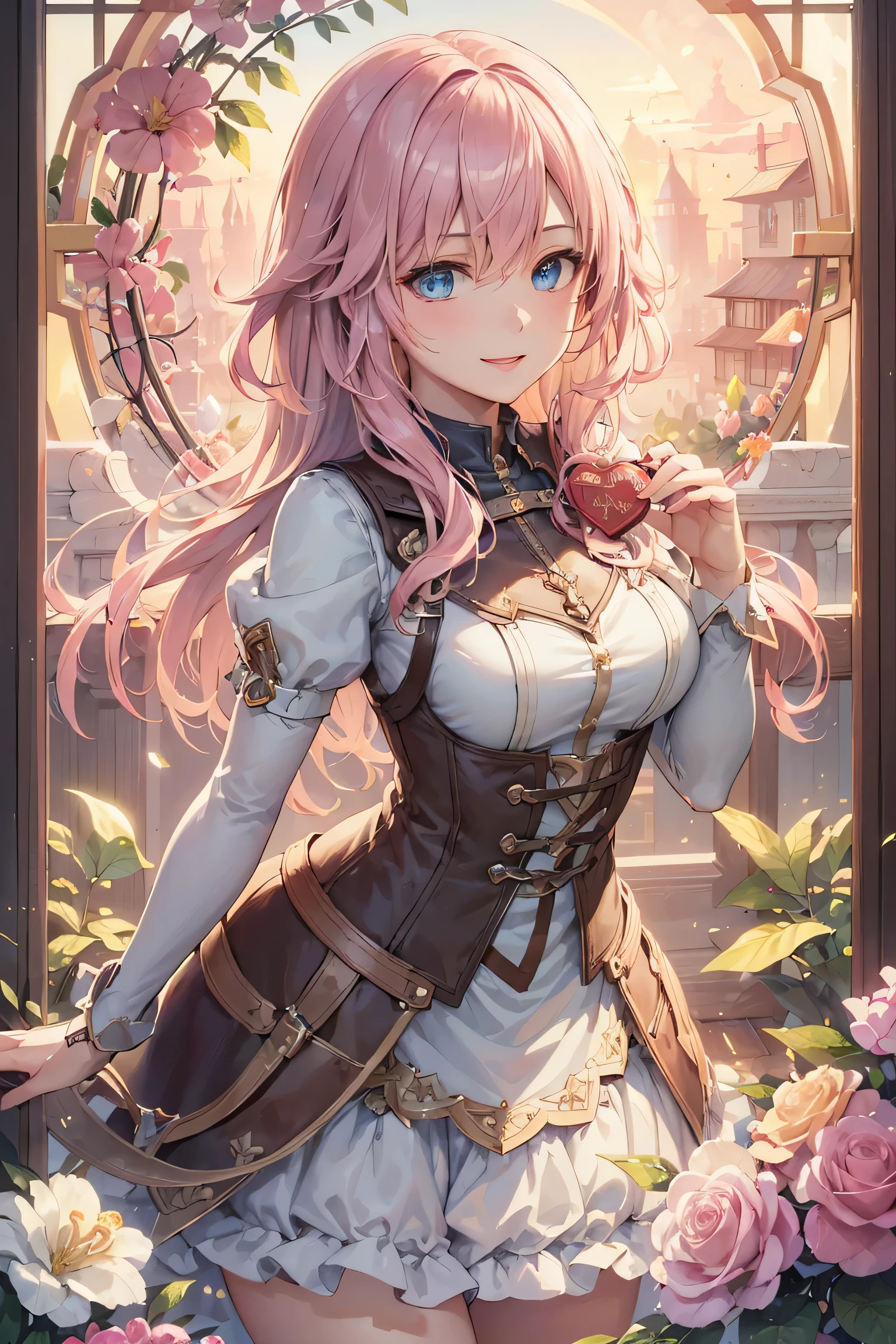 lightning portrait , Final Fantasy,Pink Blonde,medium hair,light perm hair,curly hair on one side,disappoint one&#39;bangs,beautiful blue eyes,beautiful and high nose,With a fearless look,smile,super high quality,super high quality,masterpiece, Trimmed hands,Trimmed fingers,floral frame, decorative panel, abstract artistic, By Alphonse Mucha
(masterpiece, highest quality, High resolution:1.4), become familiar with, intricate details, 4K, splash of color, line drawing,   fibonacci,fantasy candy land,Valentine&#39;s Day,ハート型のValentineチョコレートを贈ろう,Fantastic sunset,Fantastic sunset,