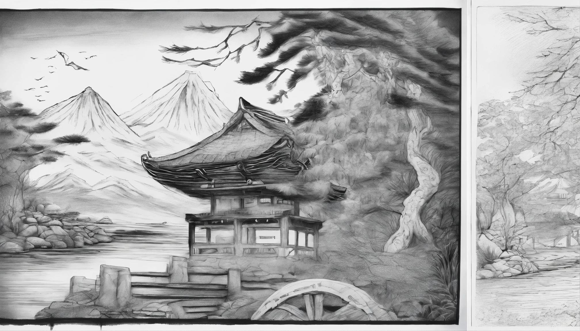 realistic style. Japanese landscapes, samurai fights, Chinese ink paintings. realistic sketch style, free line, black and white, on paper, character sheet, sharp lines, anime