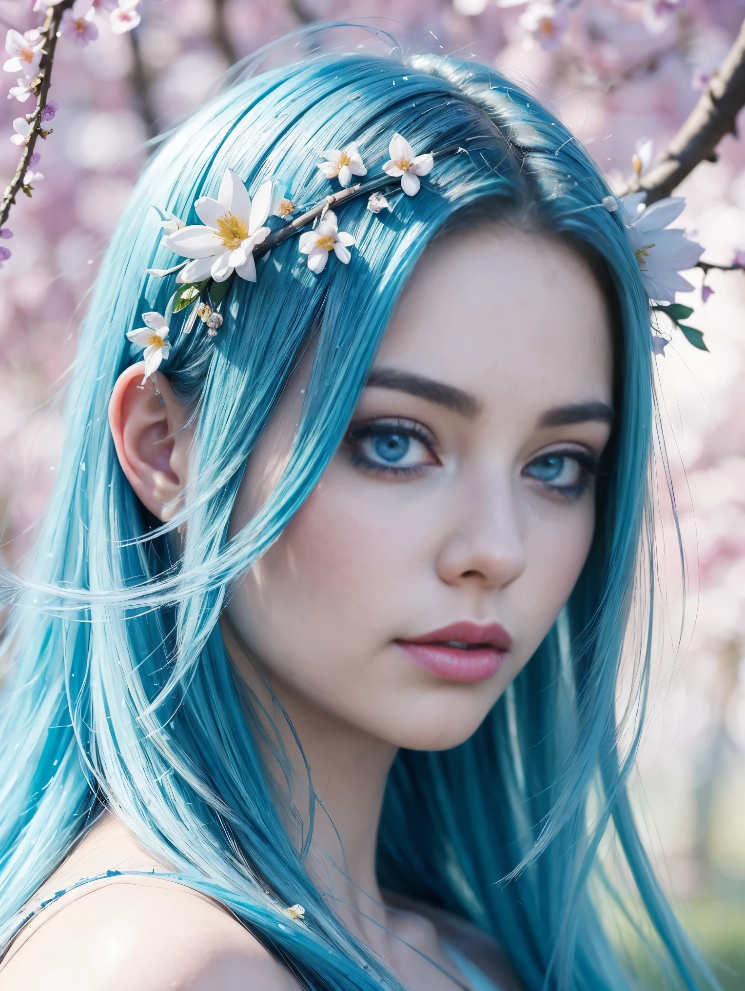 (best quality),(masterpiece:1.2), (colorful:0.9), (ink splashing),(color splashing),((watercolor)), clear sharp focus, model shot,, (portrait goddess of spring:1.5), cute expression,elegant blue colored hair, beautyfull detailed face and eyes, elegant goddess clothing, spring forest background,, colorwater  