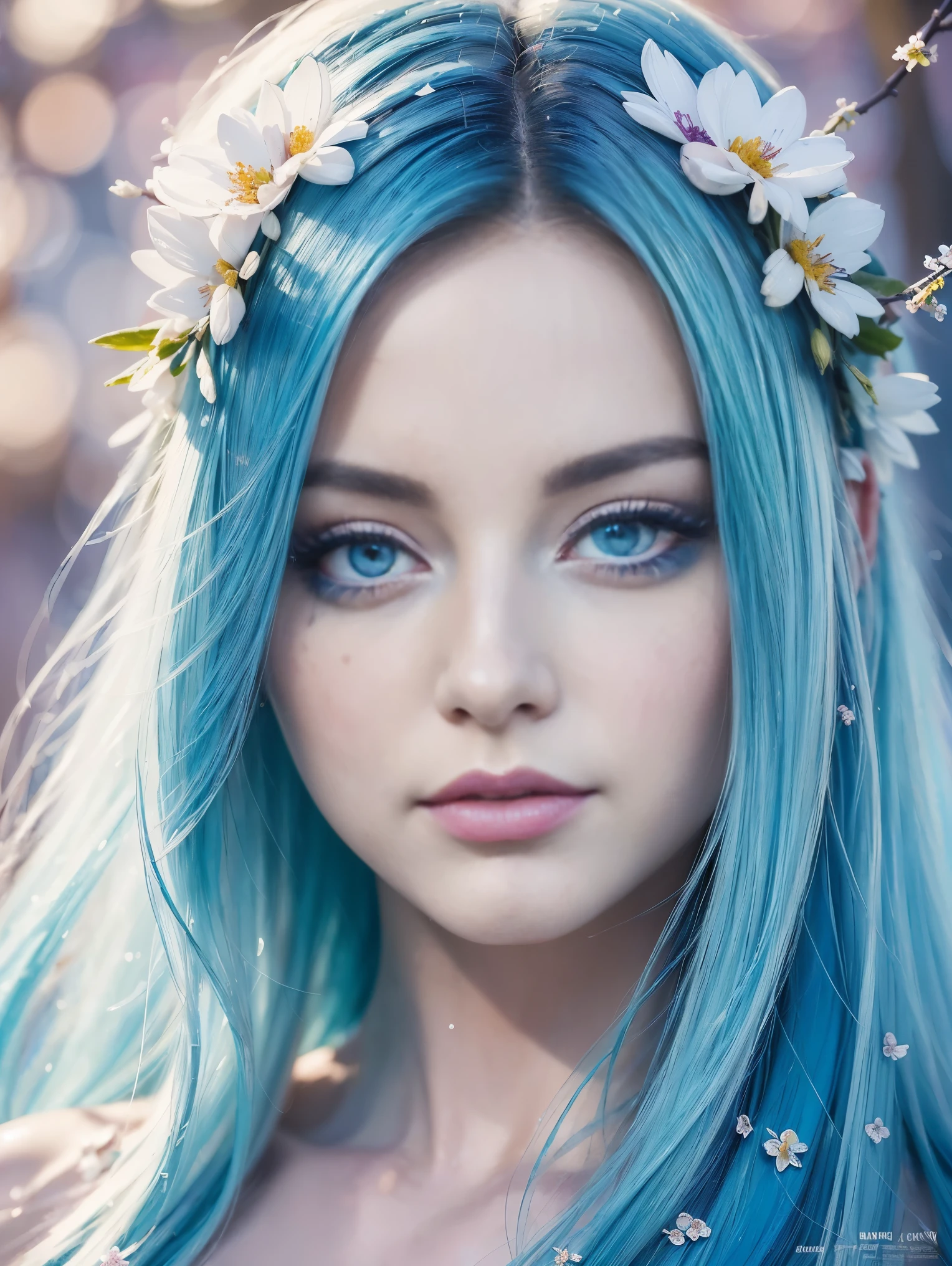 (best quality),(masterpiece:1.2), (colorful:0.9), (ink splashing),(color splashing),((watercolor)), clear sharp focus, model shot,, (portrait goddess of spring:1.5), cute expression,elegant blue colored hair, beautyfull detailed face and eyes, elegant goddess clothing, spring forest background,, colorwater
