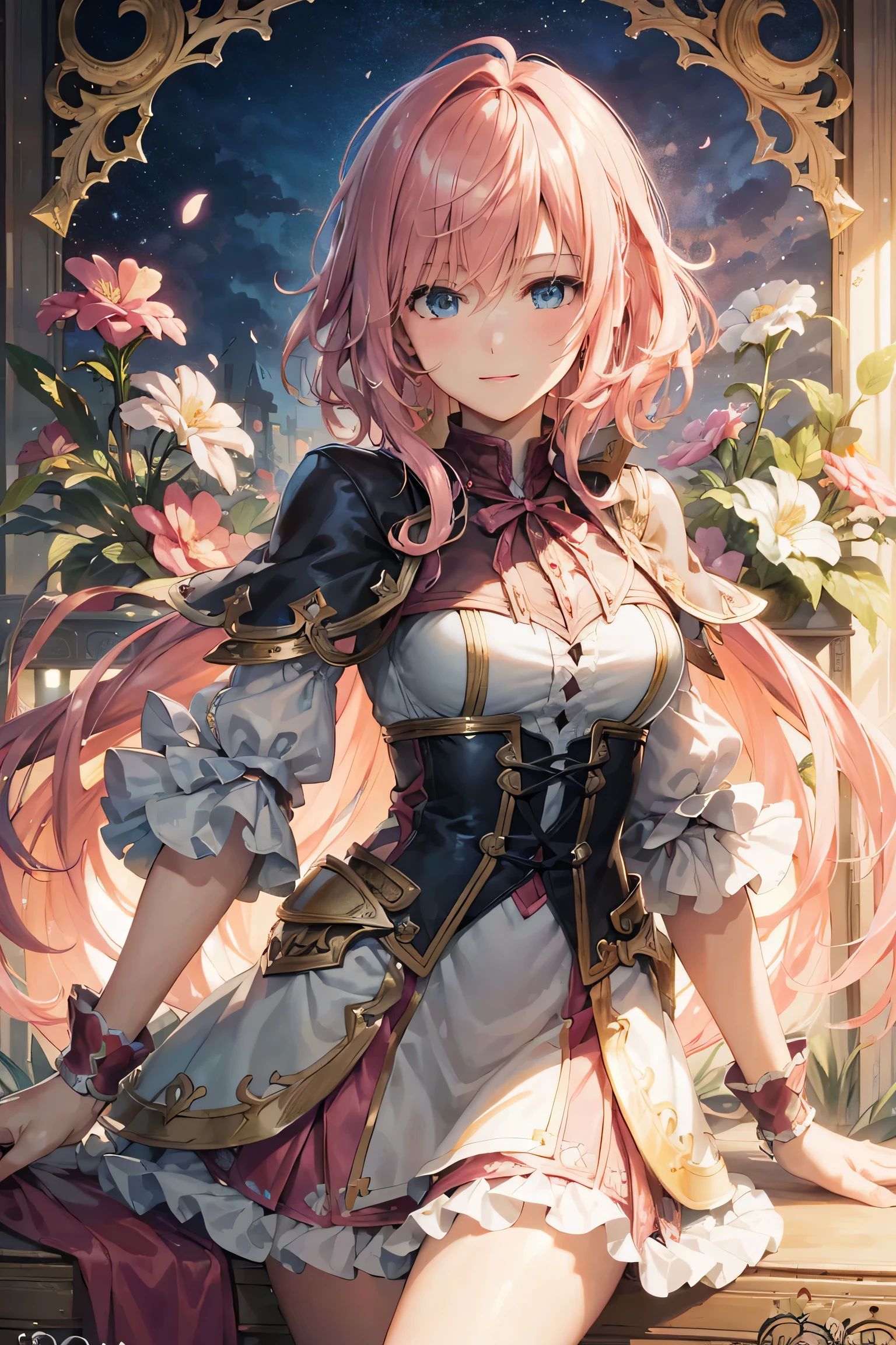 lightning portrait , Final Fantasy,Pink Blonde,medium hair,light perm hair,curly hair on one side,disappoint one&#39;bangs,beautiful blue eyes,beautiful and high nose,With a fearless look,smile,super high quality,super high quality,masterpiece, Trimmed hands,Trimmed fingers,floral frame, decorative panel, abstract artistic, By Alphonse Mucha
(masterpiece, highest quality, High resolution:1.4), become familiar with, intricate details, 4K, splash of color, line drawing,   fibonacci,fantasy candy land,Valentine&#39;s Day,ハート型のValentineチョコレートを贈ろう,Fantastic night,Fantastic night,