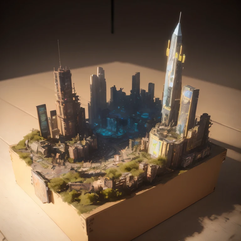 small realistic model, (bifurcation, original photo, best quality, masterpiece:1.4),Steampunk Cyberpunk 1820 City,(Cyberpunk light:1.3), Mards,horizon (related to land),(in a small nature box:1.3),Isometric, small nature, landscape on foundation,landscape,