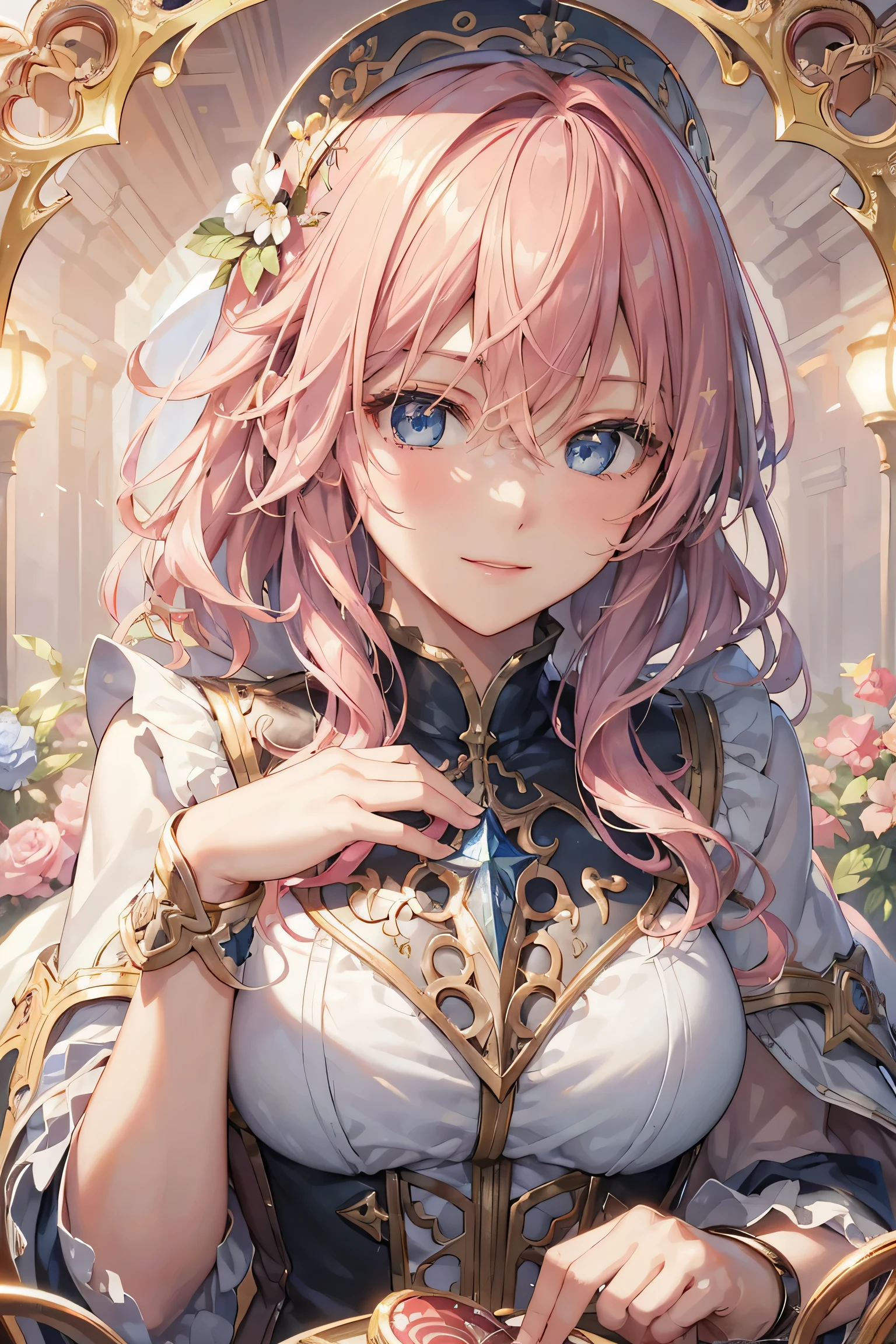 lightning portrait , Final Fantasy,Pink Blonde,medium hair,light perm hair,curly hair on one side,disappoint one&#39;bangs,beautiful blue eyes,beautiful and high nose,With a fearless look,smile,super high quality,super high quality,masterpiece, Trimmed hands,Trimmed fingers,floral frame, decorative panel, abstract artistic, By Alphonse Mucha
(masterpiece, highest quality, High resolution:1.4), become familiar with, intricate details, 4K, splash of color, line drawing,   fibonacci,fantasy candy land,Valentine&#39;s Day,ハート型のValentineチョコレートを贈ろう,wonderful morning,wonderful morning日,