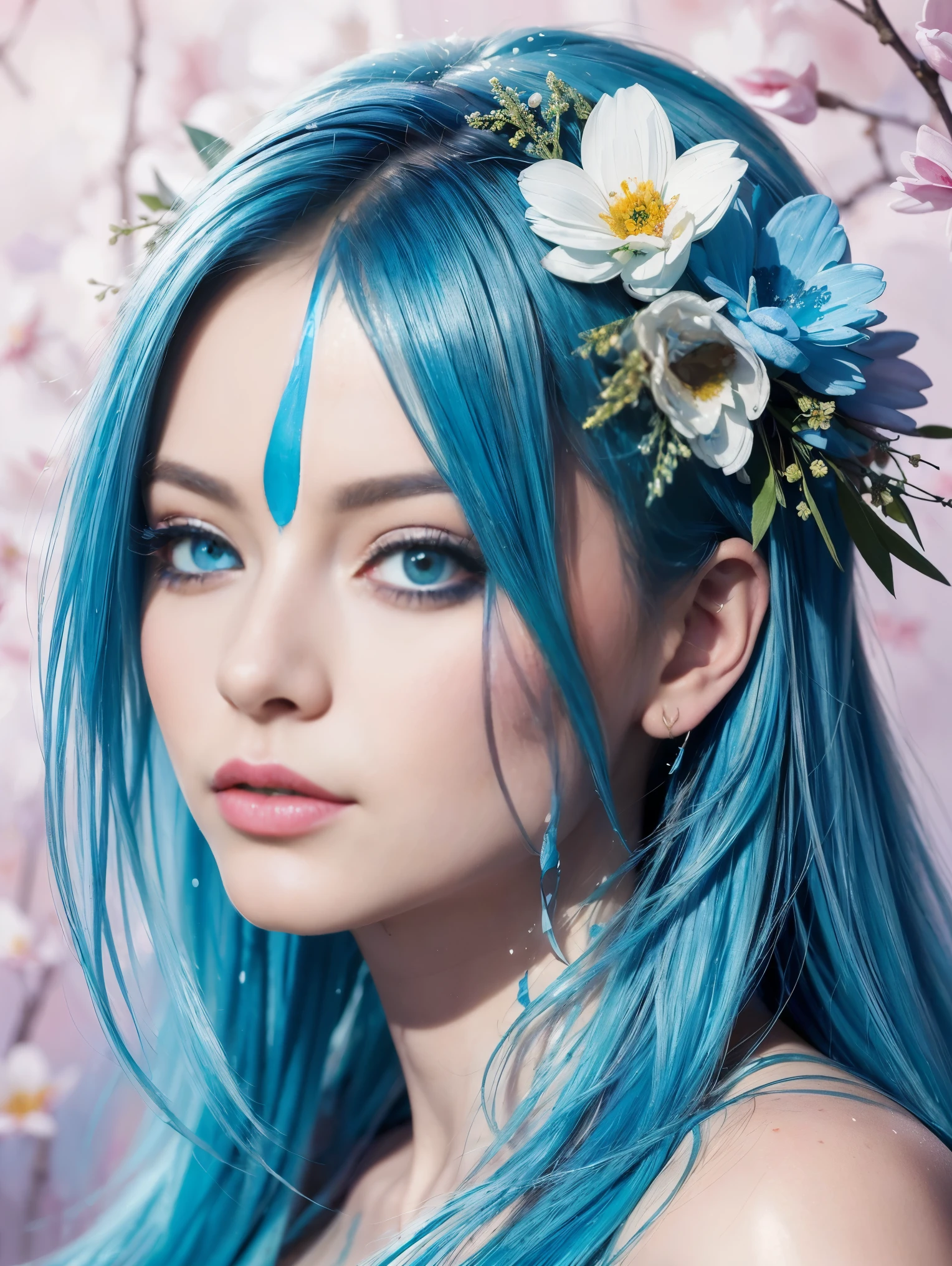 (best quality),(masterpiece:1.2), (colorful:0.9), (ink splashing),(color splashing),((watercolor)), clear sharp focus, model shot,, (portrait goddess of spring:1.5), cute expression,elegant blue colored hair, beautyfull detailed face and eyes, elegant goddess clothing, spring forest background,, colorwater  