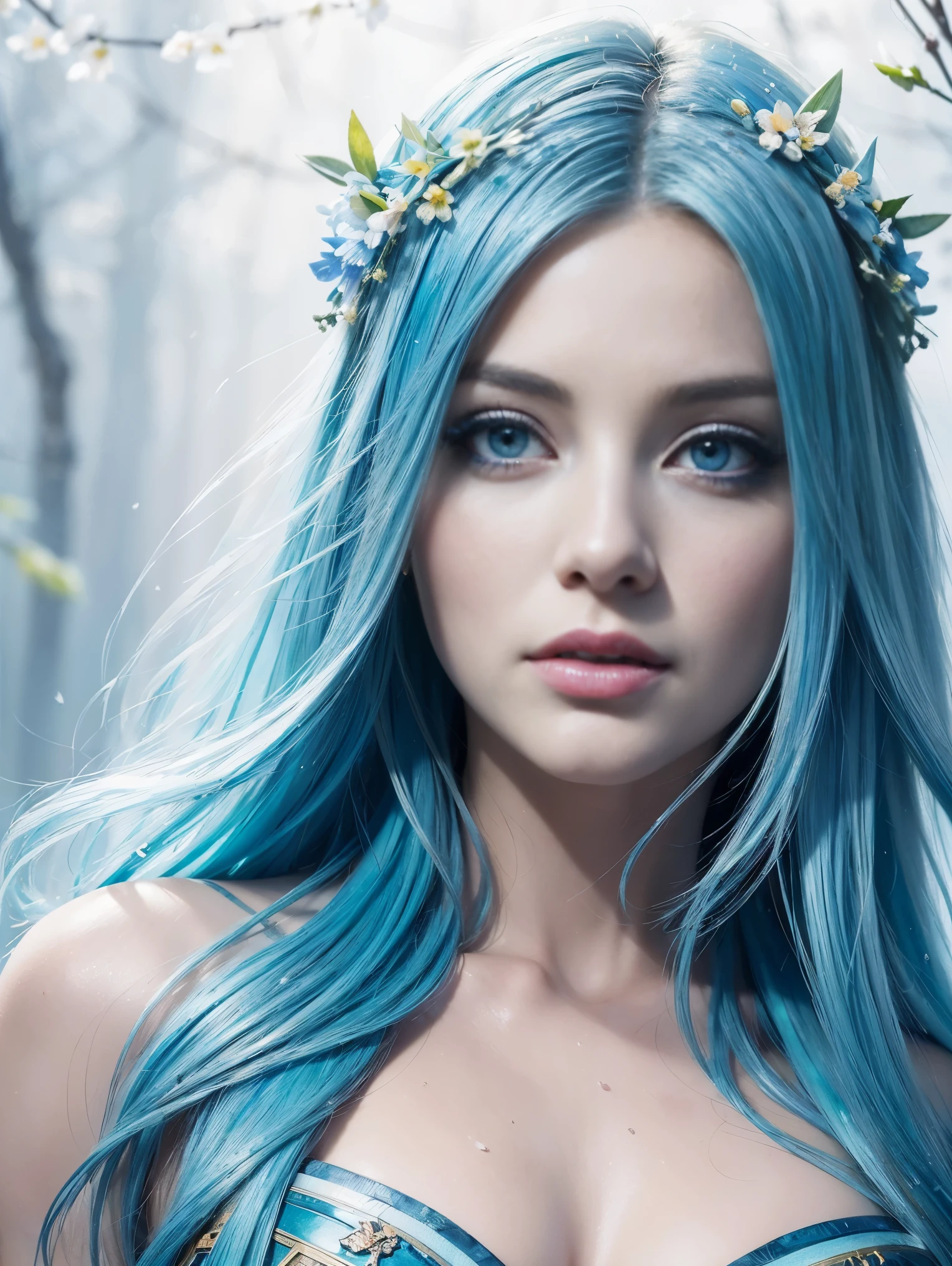 (best quality),(masterpiece:1.2), (colorful:0.9), (ink splashing),(color splashing),((watercolor)), clear sharp focus, model shot,, (portrait goddess of spring:1.5), cute expression,elegant blue colored hair, beautyfull detailed face and eyes, elegant goddess clothing, spring forest background,, colorwater