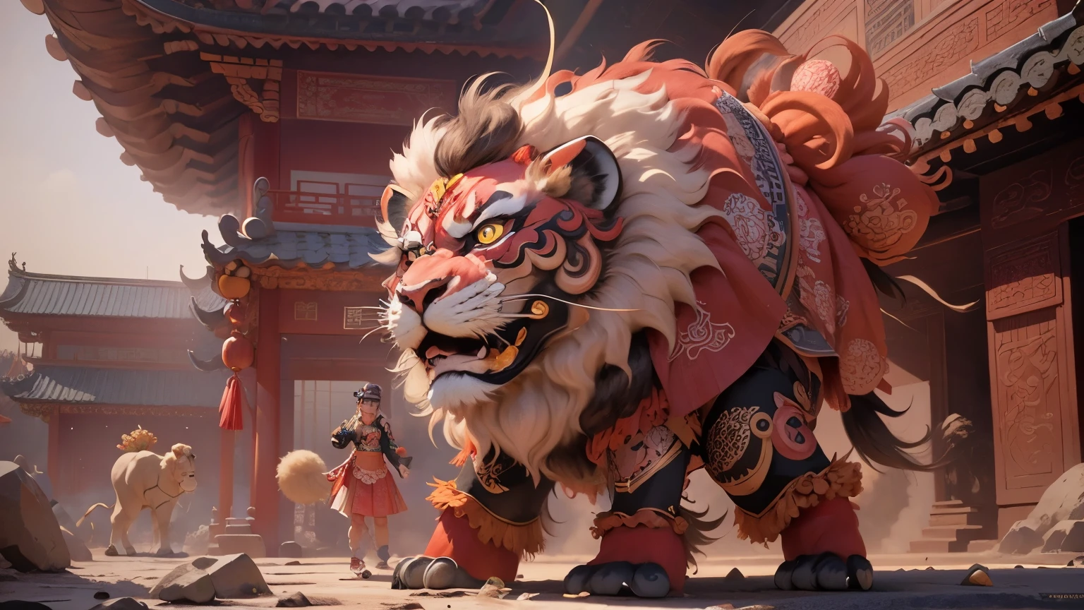 China-style，Lion dance，highly detailed surreal vfx，Smudge，Faraway view，super-fine，ultra - detailed，high qulity，8K ，oc rendered，dynamic viewing angle