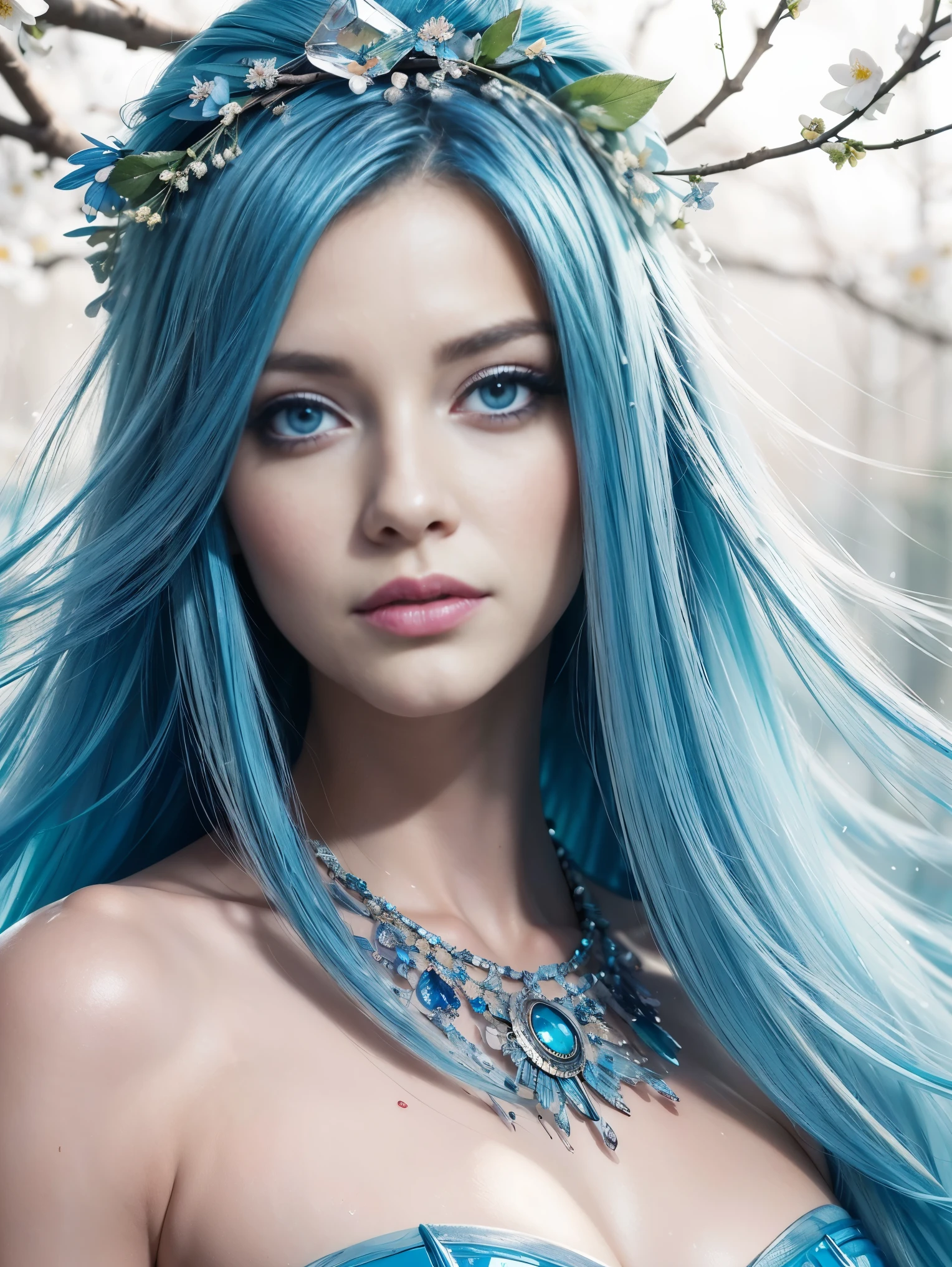 (best quality),(masterpiece:1.2), (colorful:0.9), (ink splashing),(color splashing),((watercolor)), clear sharp focus, model shot,, (portrait goddess of spring:1.5), cute expression,elegant blue colored hair, beautyfull detailed face and eyes, elegant goddess clothing, spring forest background,, colorwater  