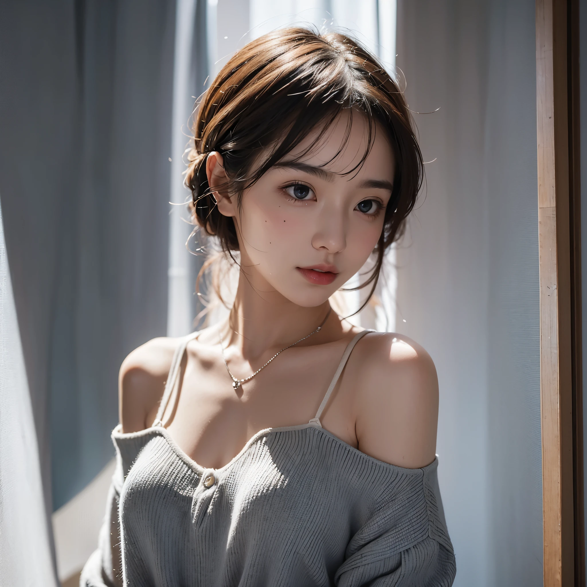 best quality, masterpiece, ultra high resolution, (lifelike:1.5), original photo, 1 girl, Off the shoulders, in the darkness, deep shadow, low profile, cold light, sexy look, Short hair--automatic