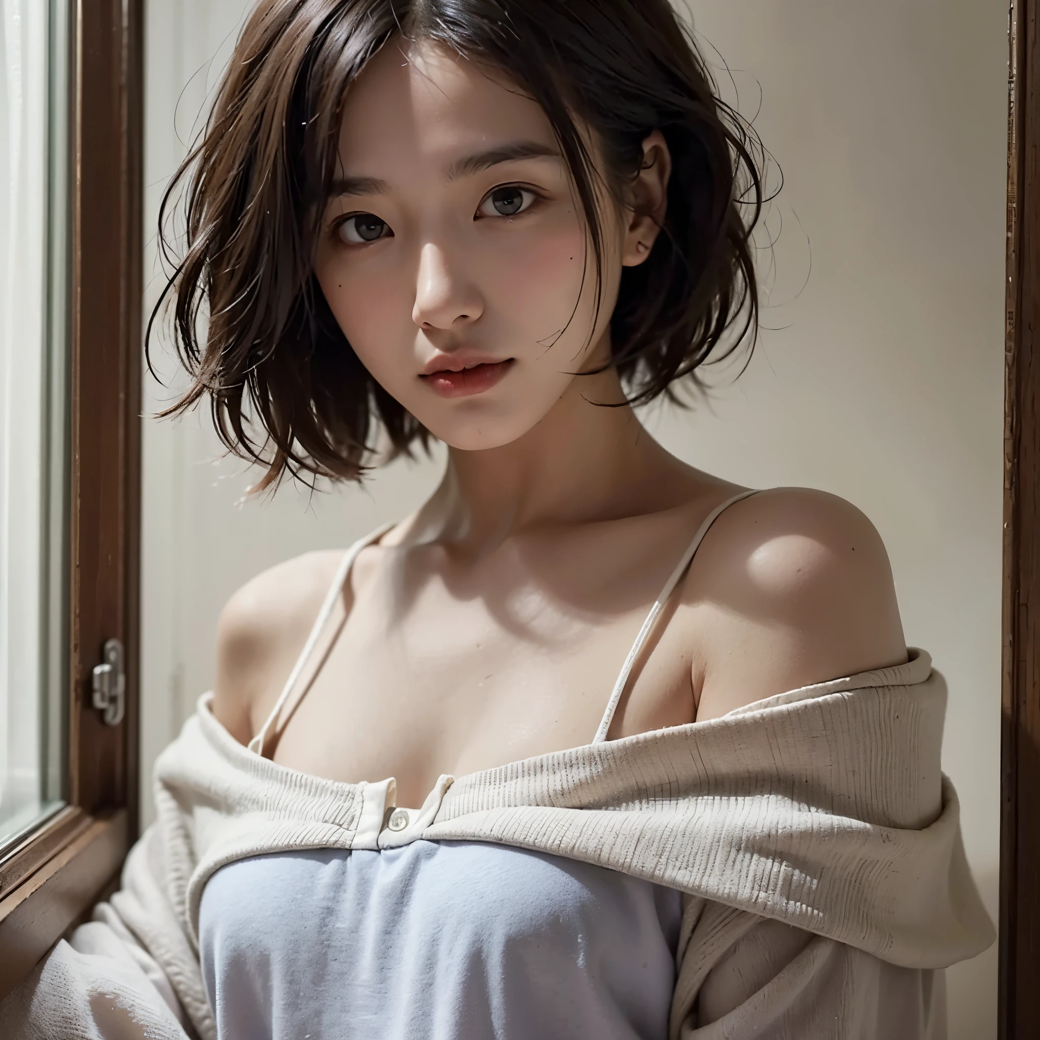 best quality, masterpiece, ultra high resolution, (lifelike:1.5), original photo, 1 girl, Off the shoulders, in the darkness, deep shadow, low profile, cold light, sexy look, Short hair--automatic