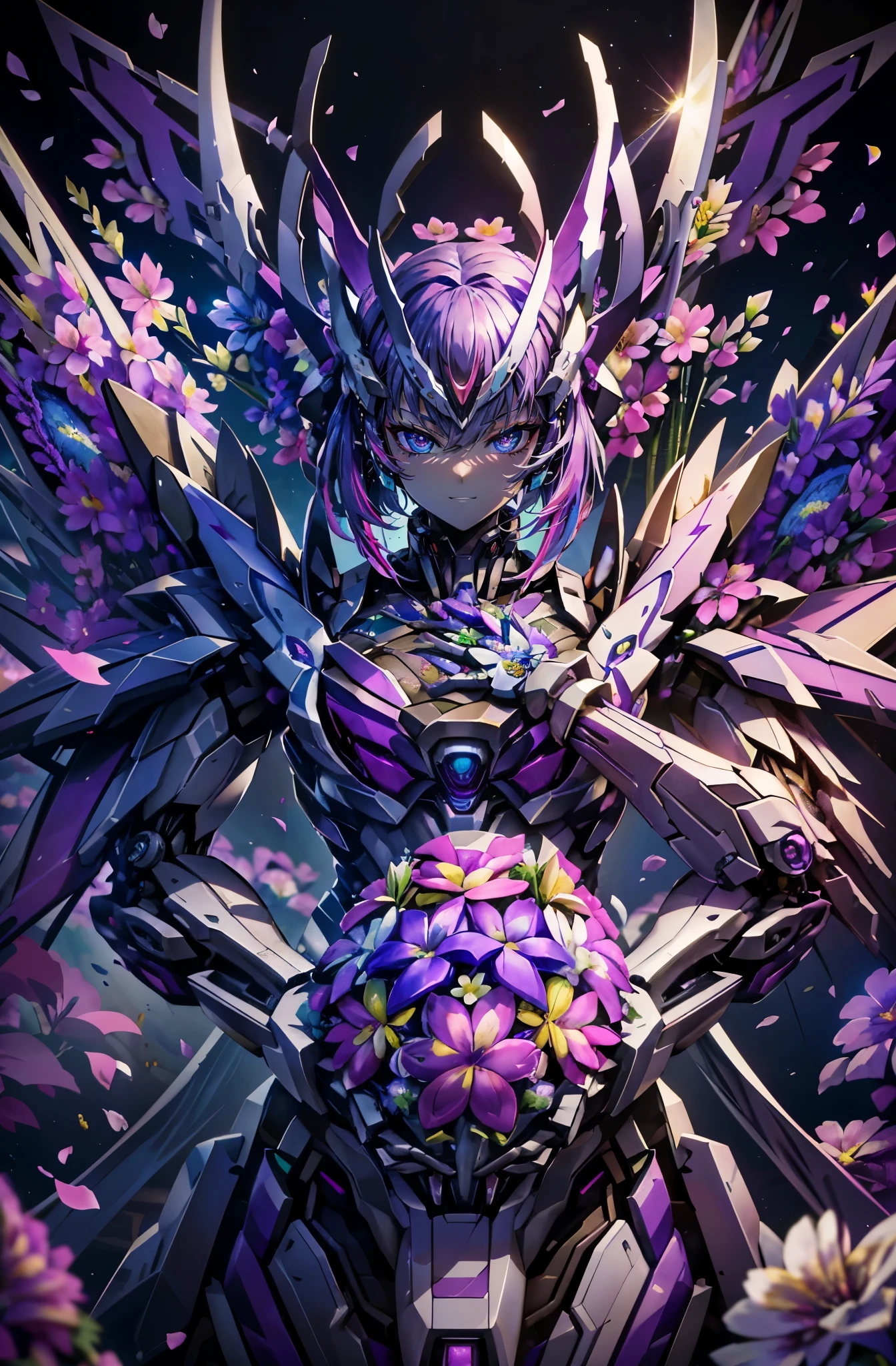 hyper quality、8K quality、high resolution、Image quality taken with a single-lens reflex camera、perfect anatomy、purple eyes、with an evil smile、Mecha girl、villain、purple hair、combined robot、beautiful girl、Mechanical parts with three-dimensional texture、(Holding a bouquet filled with colorful flowers:1.5)