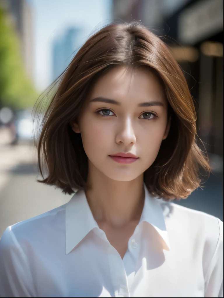 ((best quality, 8k, masterpiece :1.3)), sharp focus :1.2, Beautiful woman with perfect body:1.4, slim abs:1.2, ((dark brown hair, huge :1.2)), white collar shirt,not exposed,(Natural light, city street:1.1), Highly detailed facial and skin textures,delicate eyes,double eyelids