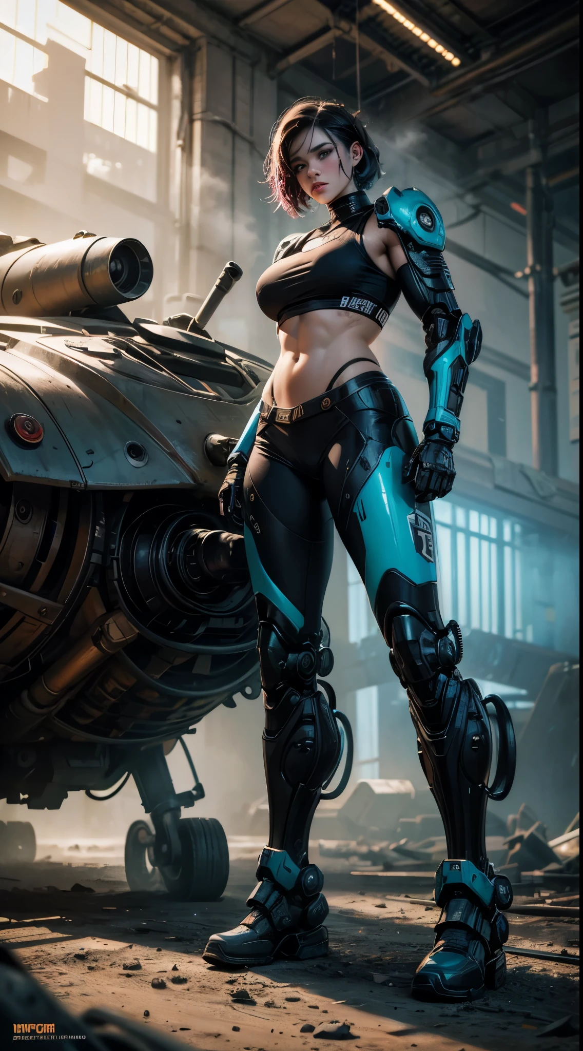 Alison Tyler, drawing masterpiece, concept art, ultra details, dramatic lighting, early evening, symmetric tank, wasteland, dystopic, comic tankgirl, fog, dust, soft motion blur, full body shot, Alison Tyler, 25 year old, bodybuilder tankgirl street attention danger perfect eyes perfect nose perfect ears, tattooed, parted lips, 25 years old handsome boy reparing his mecha, black short hair, perfect ears perfect eyes perfect nose, wearing a grey combat suite, rusty old humanoid support robot, fullbody green cyan orange yellow spotlights, magenta, graffitti, dirty, fog, dust, windy, 4k, ultra hd, realistic, vivid colors, highly detailed, UHD drawing, pen and ink, perfect composition, beautiful detailed intricate insanely detailed octane render trending on artstation, 8k artistic photography, photorealistic concept art, soft natural volumetric cinematic perfect light