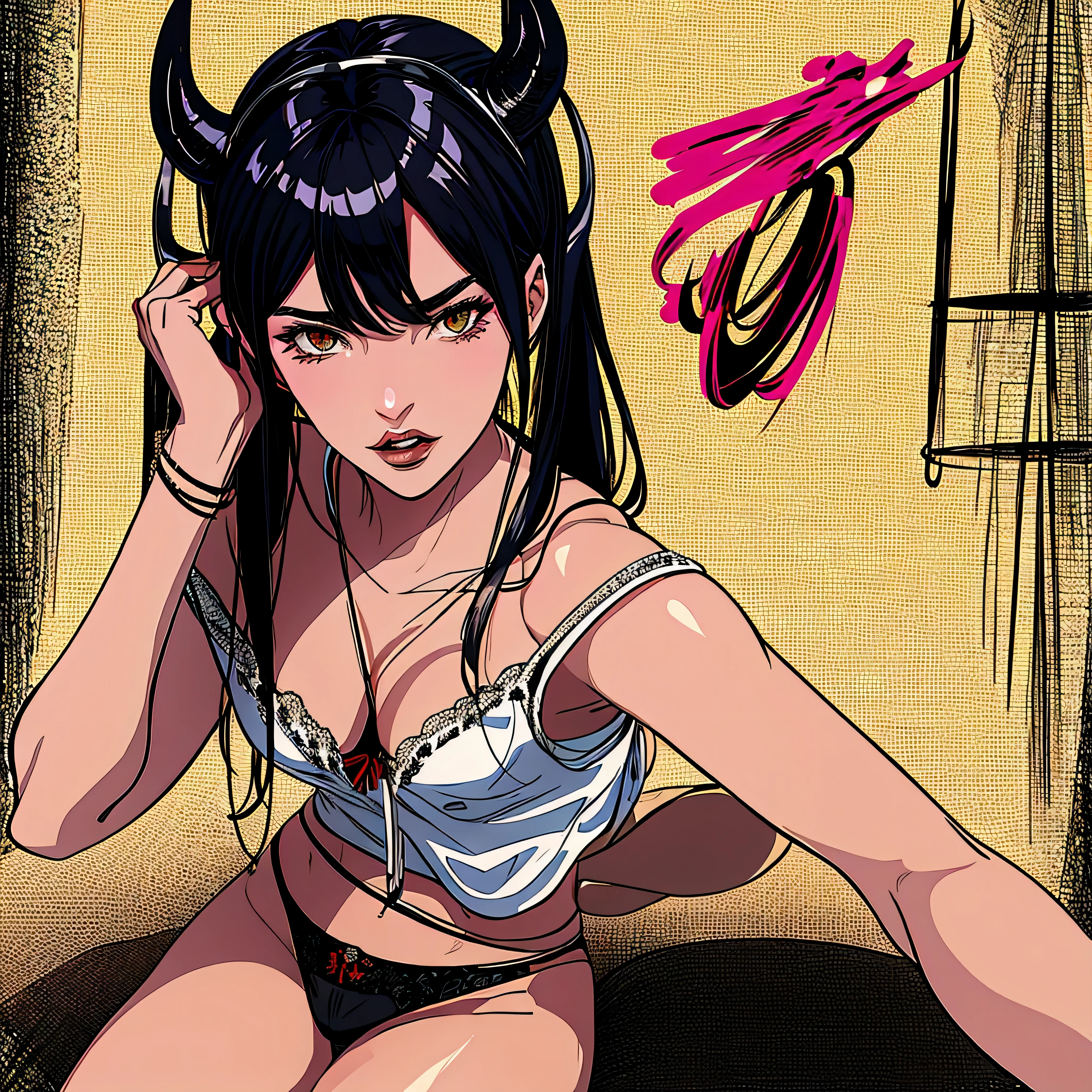 make a portrait of a devil horned Megan Fox wearing headphones on her head in sexy string tanga underwear, she shows the ass and we can see the ass from the site with the short string tanga
