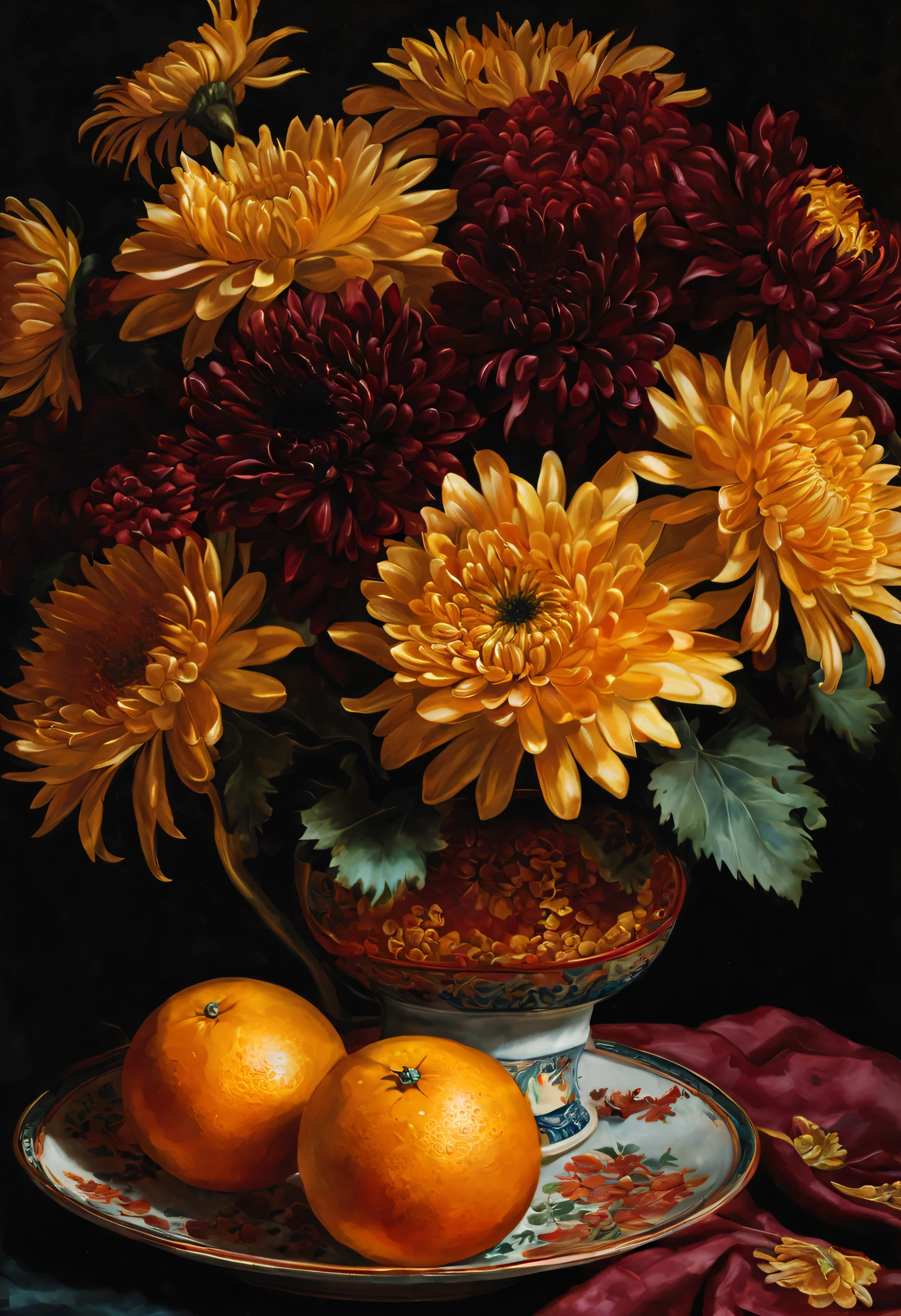 Close-up of a plate of oranges and a bouquet of Burgundy goldenrod flowers, Sylvia Wishart (Sylvia Wishart) still life painting, Chinese style, , on dark background, golden chinese text, Traditional chinese clothing, red and gold cloth, feng shui, Tradition, Wealthy and auspicious fruits and flowers, bright: