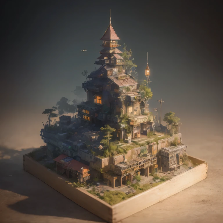 small realistic model, (bifurcation, original photo, best quality, masterpiece:1.4),Steampunk Cyberpunk 1820 City,(Cyberpunk light:1.3), Mars Canyon (related to land),(in a small nature box:1.3),Isometric, small nature, landscape on foundation,landscape,