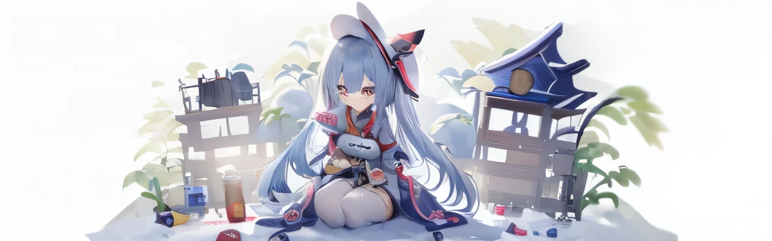 a blue hair、Cartoon image of girl wearing hat eating sandwich, keqing from Genshin impact, Genshin, anime girls drink Energy drink, Onmyoji, Genshin impact character, zhongli from Genshin impact, by Shitao, Genshin impact style, ayaka Genshin impact, Anime cute art style, Onmyoji detailed art