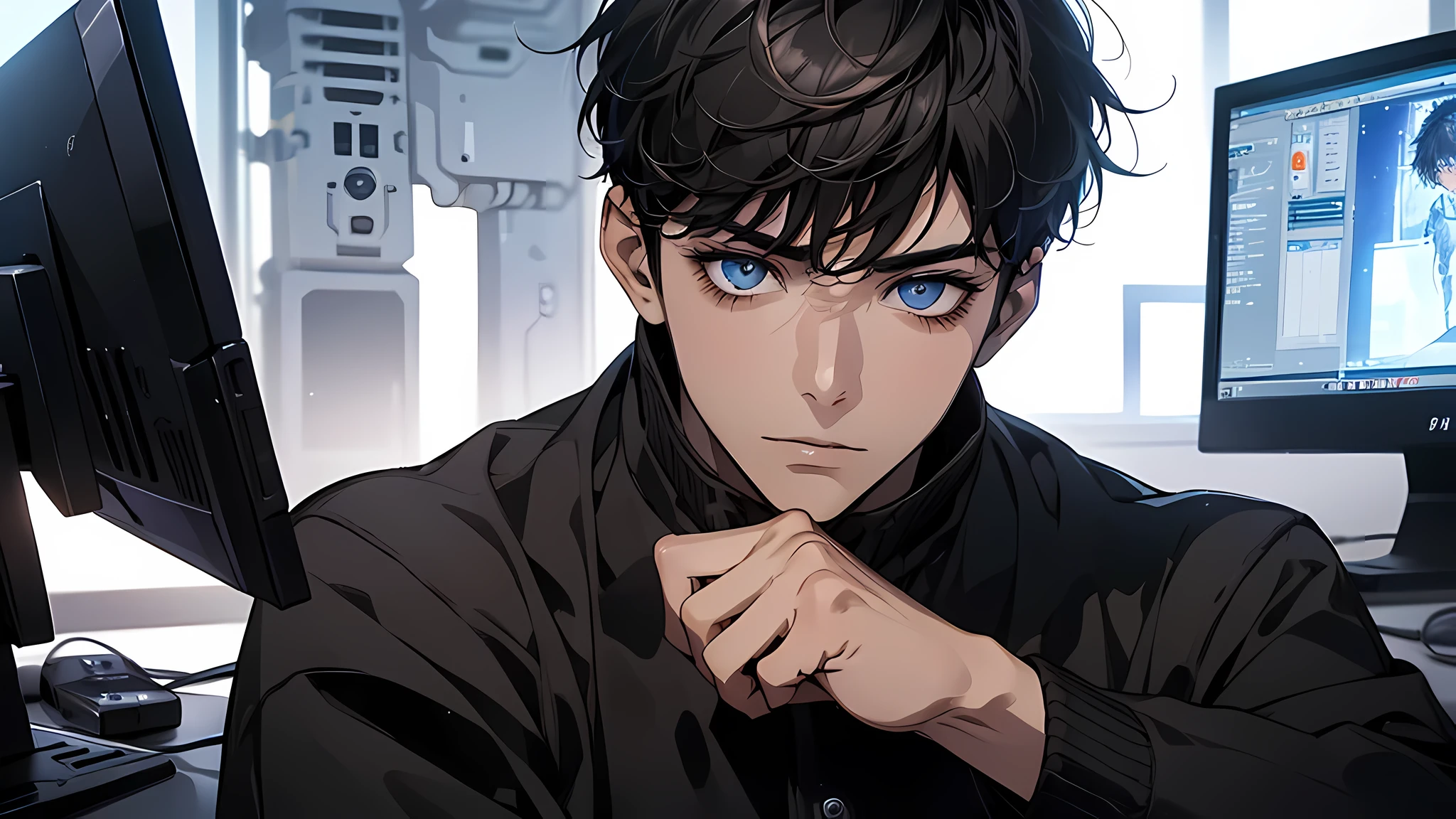 (best quality) A young boy, (meticulously detailed) sits in front of his (high-tech) computer, (dramatic shadow) casting across his face as he concentrates on the screen, Messy short black hair of a young man, A gentle face,A dark-haired, detailed eyes, detailed nose, detailed face