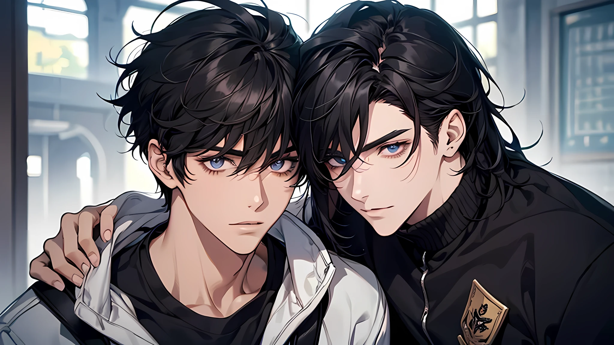 Two 21-year-old black-haired male are talking, conversan, parlen en la escuela de que son casi amigos de hermanos... (usar los mismo personajes), detailed face, detailed eyes, detailed nose