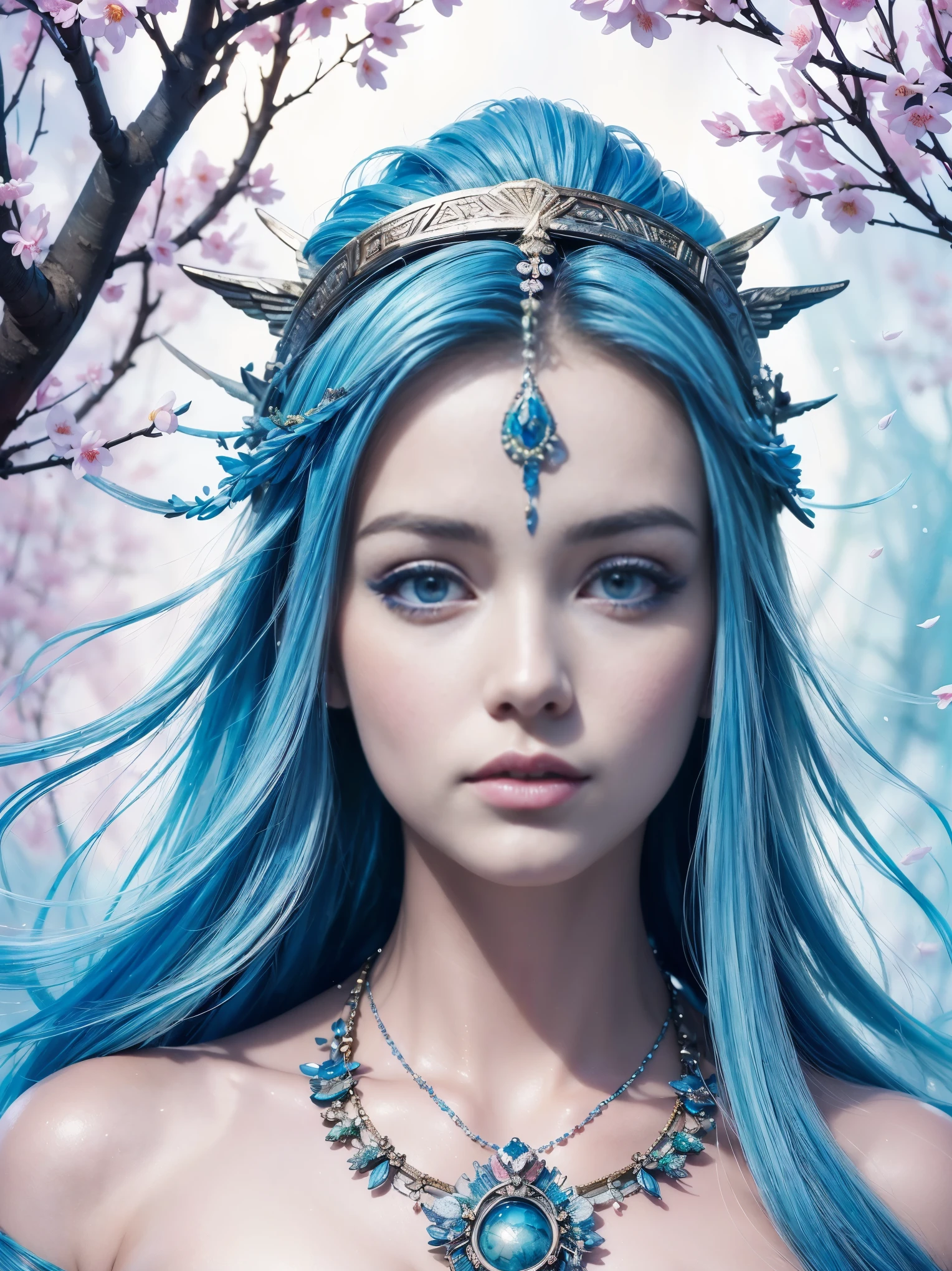 (best quality),(masterpiece:1.2), (colorful:0.9), (ink splashing),(color splashing),((watercolor)), clear sharp focus, model shot,, (goddess of spring:1.5), cute expression,elegant blue colored hair, beautyfull detailed face and eyes, elegant goddess clothing, spring forest background,, colorwater