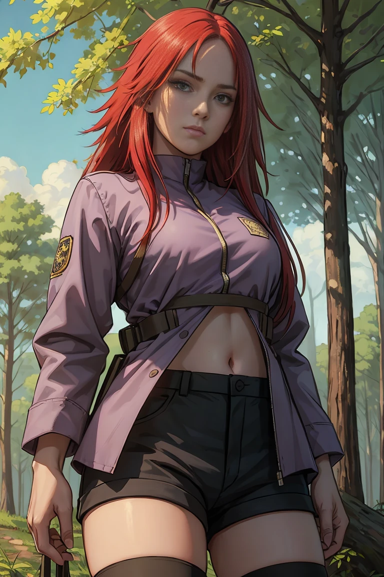 on grass, (best quality, masterpiece:1.2), photorealistic, thick outlines, strong shadows, 1 girl, full body, small breast, happy,  forest, clearing, giant trees, blue sky, clouds red hair, long hair, purple jacket, tummy seen, suspender shorts , black shorts, overknee socks, detailed background, detailed face,