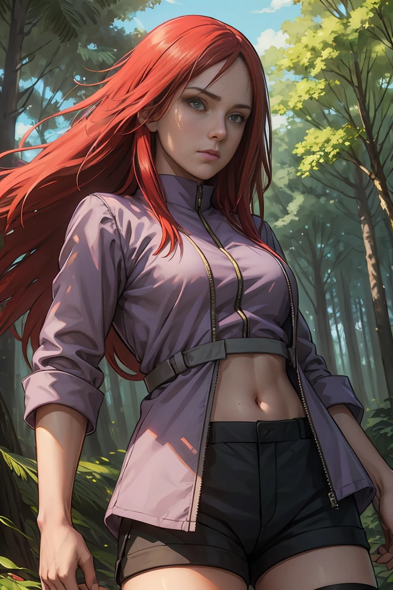 on grass, (best quality, masterpiece:1.2), photorealistic, thick outlines, strong shadows, 1 girl, full body, small breast, happy,  forest, clearing, giant trees, blue sky, clouds red hair, long hair, purple jacket, tummy seen, suspender shorts , black shorts, overknee socks, detailed background, detailed face,