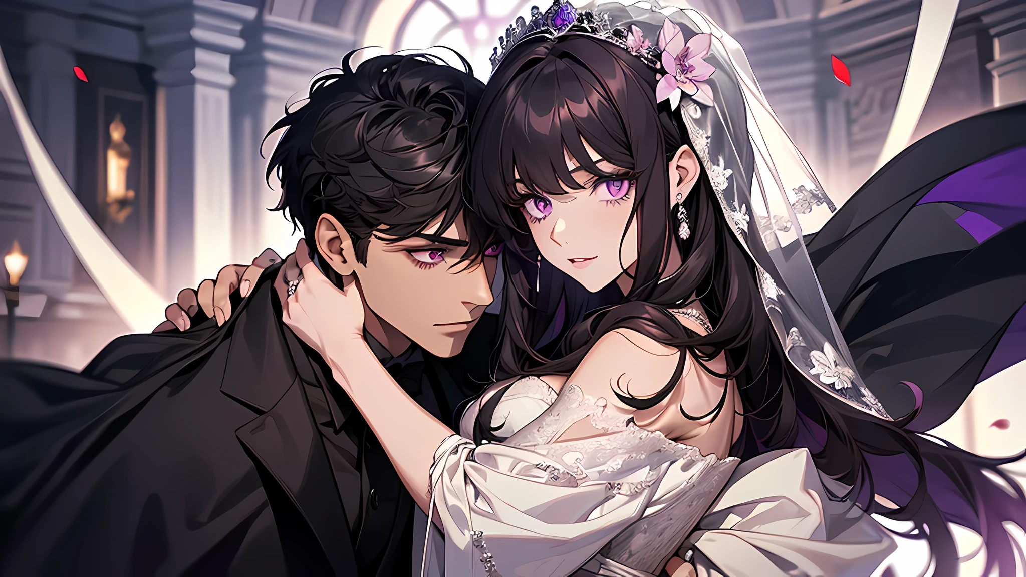 couple, 1 man 1 woman, different hair color, extremely detailed face, ((woman with Long dark black front bang hair with and purple eyes)), man with short dark brown hair and dark grey eyes, face to face, 25 years old, (woman wears a wedding dress and holds a flower), (man wears a suit and a long black cape), dim light, boy is taller, (getting married), (dark purple eyes woman), (dark grey eyes man), in the wedding ceremony

