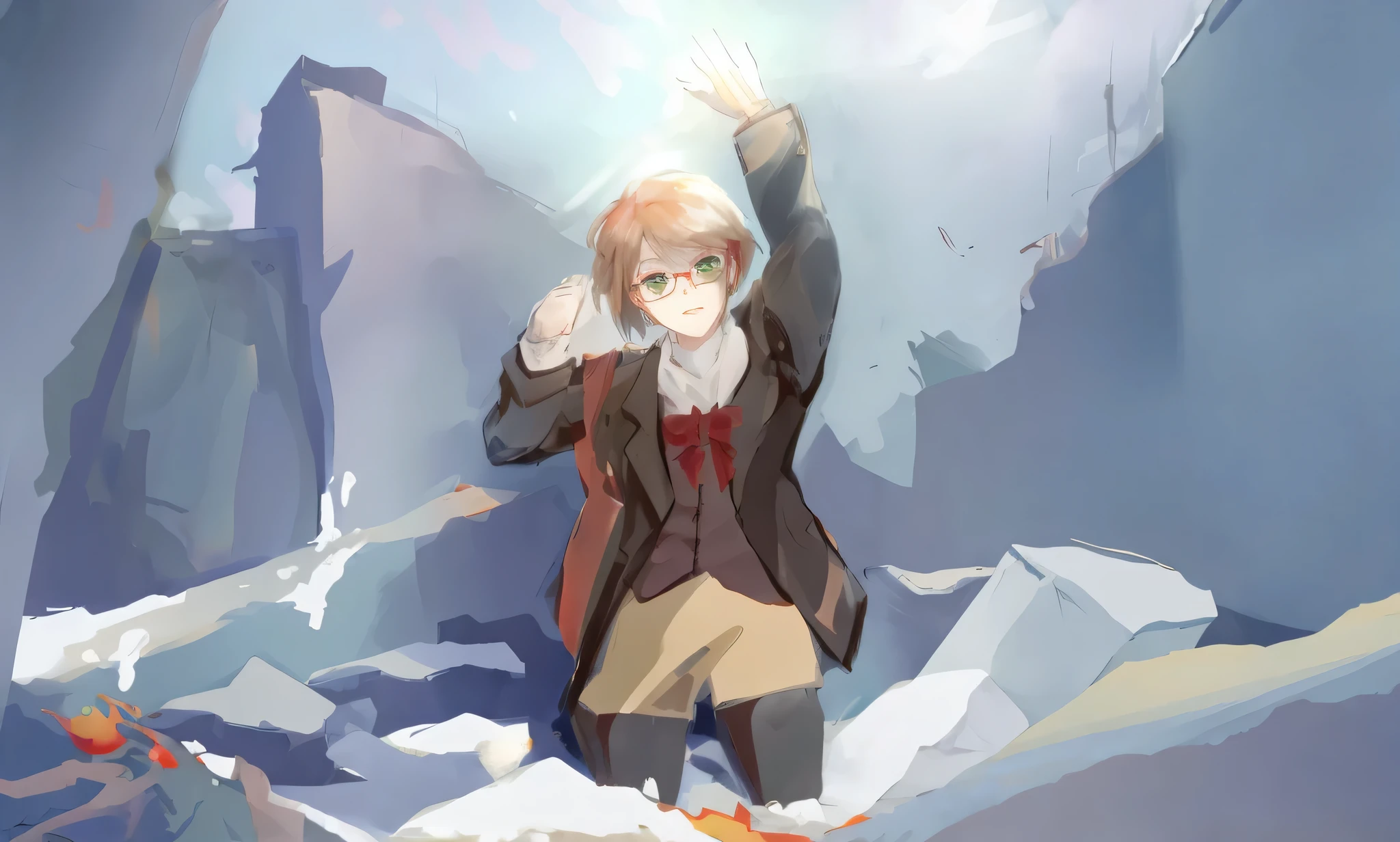 One raised his hand,short hair brown,red glasses,green eyes,The sun hits the face,The shadow of the hand,snowy ruins,Burning fire, Refine the background,Gorgeous,beautiful