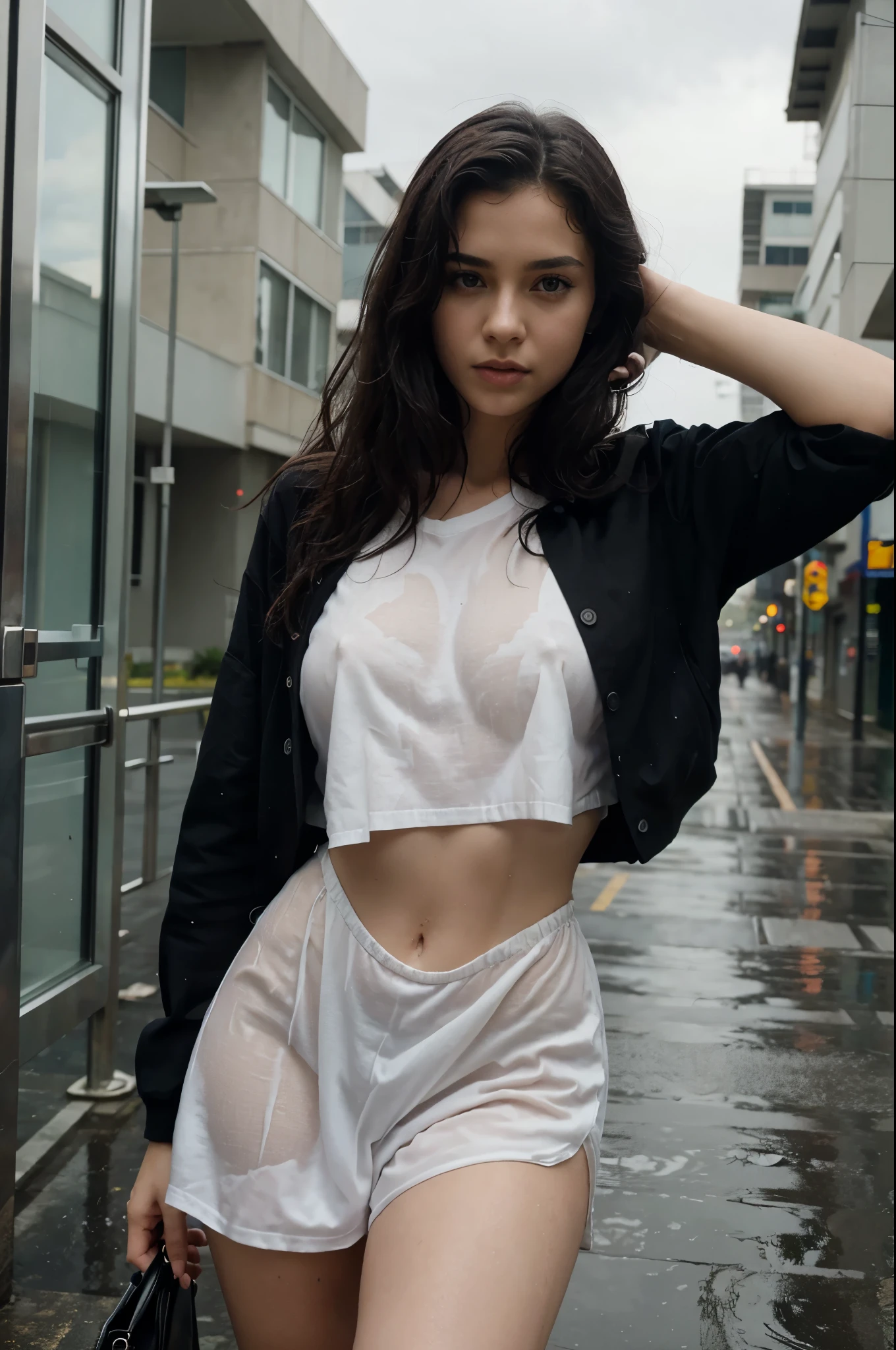 close up shot, (hero view shot), (masterpiece), Best quality, expressive eyes, Perfect face, (8k, Best quality, masterpiece:1.2), (Best quality:1.0), (Ultra Highres:1.0), Full body shot, only, beautiful, 19 years old, cool expression, sexy lips, black hair, wet hair, Wearing business clothes, wet clothes, Walking
in the pouring rain, city in the background, in the afternoon, cloudy, Cinematic shot, Aesthetic rain,