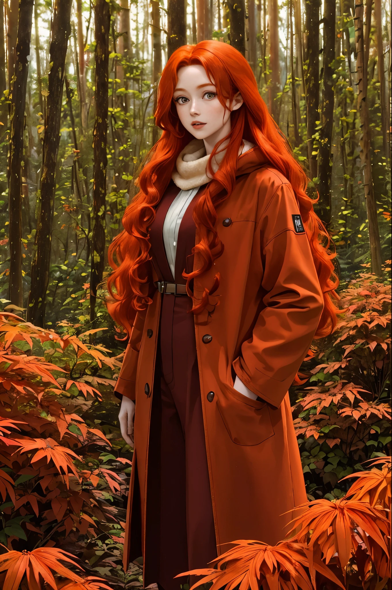 arafed woman with red hair and a brown coat standing in a forest, wild ginger hair, monia merlo, orange skin and long fiery hair, she has long redorange hair, with curly red hair, ginger hair and fur, red head, flowing ginger hair, curly red hair, curly copper colored hair, she has red hair, red haired goddess