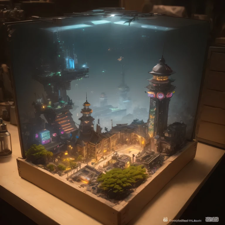 small realistic model, (bifurcation, original photo, best quality, masterpiece:1.4),Steampunk Cyberpunk 1820 City,(Cyberpunk light:1.3), Mars Canyon (related to land),(in a small nature box:1.3),Isometric, small nature, landscape on foundation,landscape,